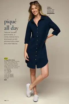 Preview of Piqué Shirt Dress, Navy button-down dress with collar, chest pockets and 3/4-length sleeves. Shirttail hem. Cotton. Centre back length: 95 cm on M; 99 cm on 1X. Machine wash, dry flat. from shop Avon valid from 26.03.2026 | Page: 144 | Products: Dress, Shirt