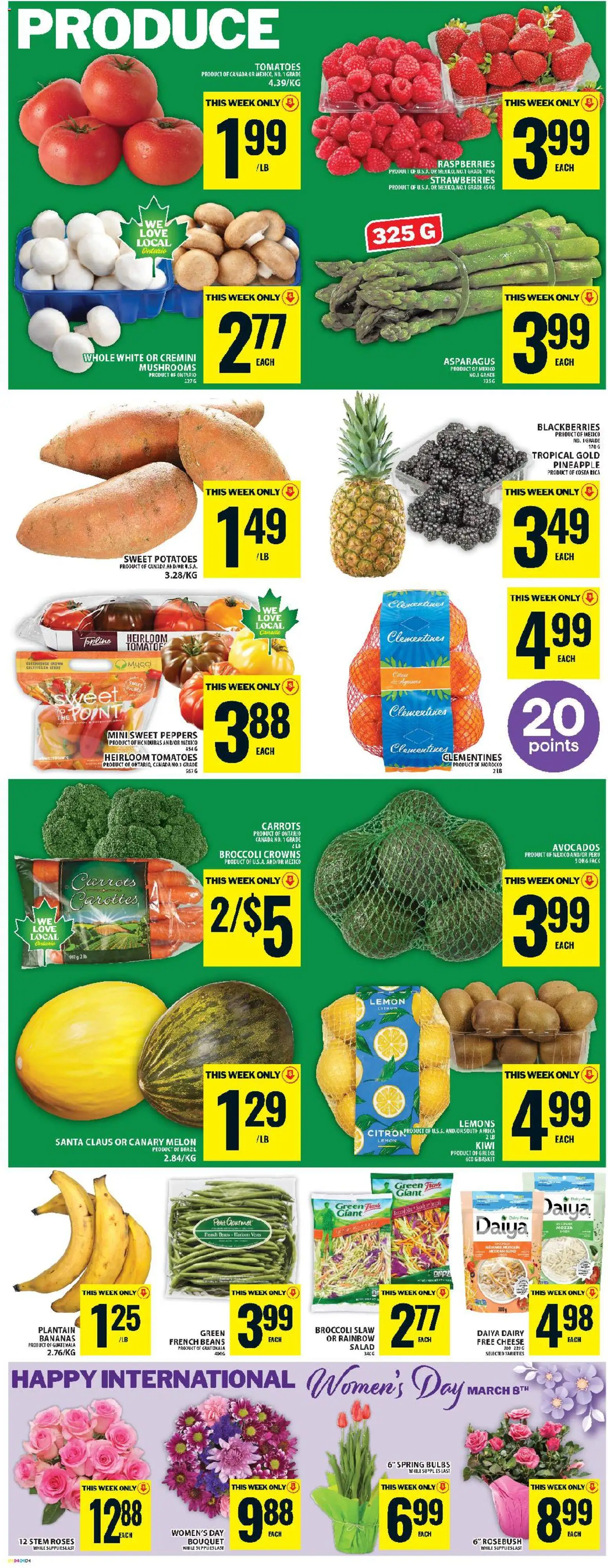 Food Basics flyer valid from 05.03.2026 | Page: 7 | Products: Strawberries, Salad, Cheese, Bananas
