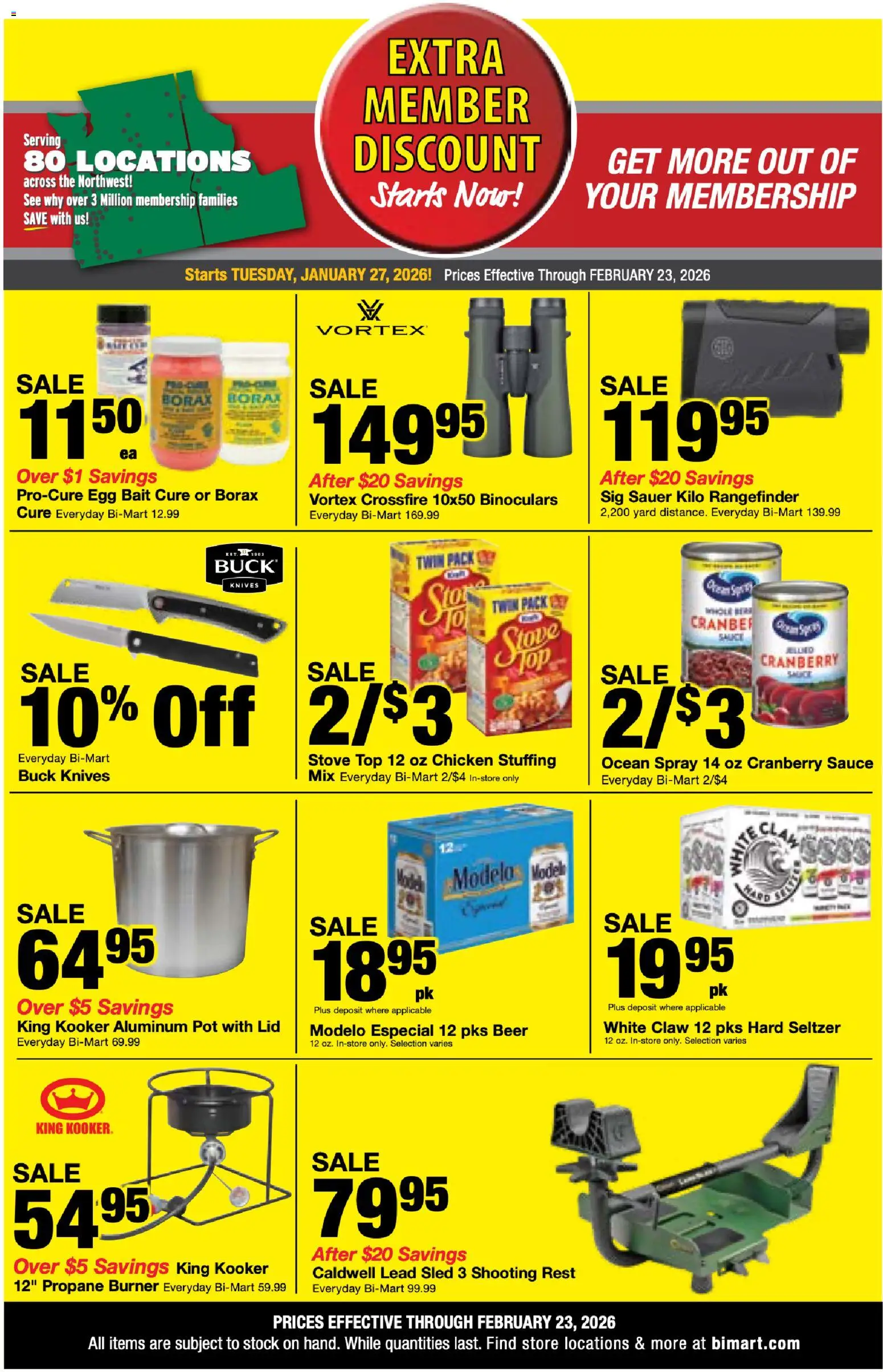Bi-Mart Weekly Ad - valid from 27.01.2026 | Page: 4 | Products: Beer, Rangefinder, Sauce, Bait