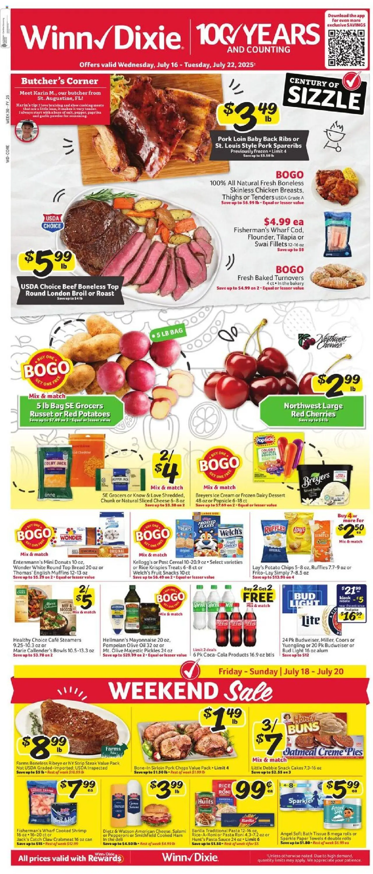 Winn Dixie Weekly Circular - FL - valid from 16.07.2025 | Page: 1 | Products: Bread, Pork, Beef, Ice cream