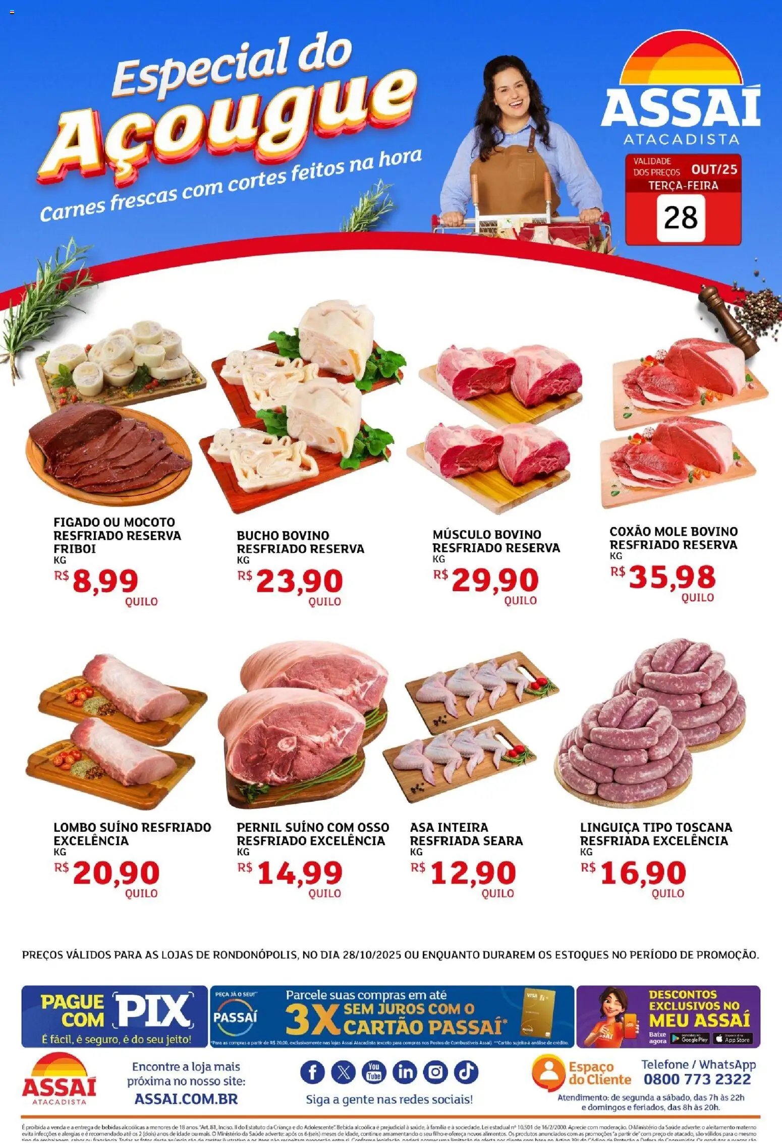 Assaí Atacadista Folheto - válido de 28.10.2025 | Página: 1 | Produtos: Linguiça, Pernil, Bebida, Telefone