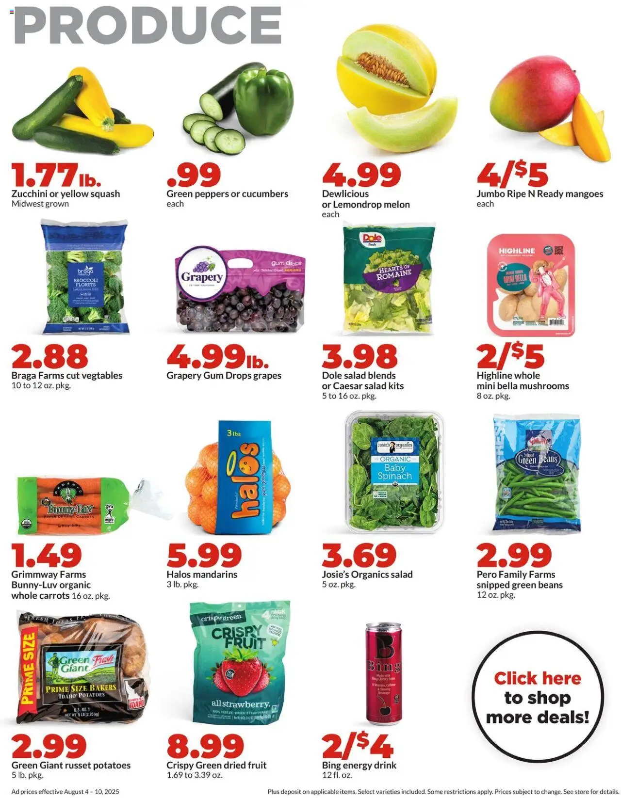 HyVee Weekly Ad - valid from 04.08.2025 | Page: 10 | Products: Romaine, Mushrooms, Grapes, Melon