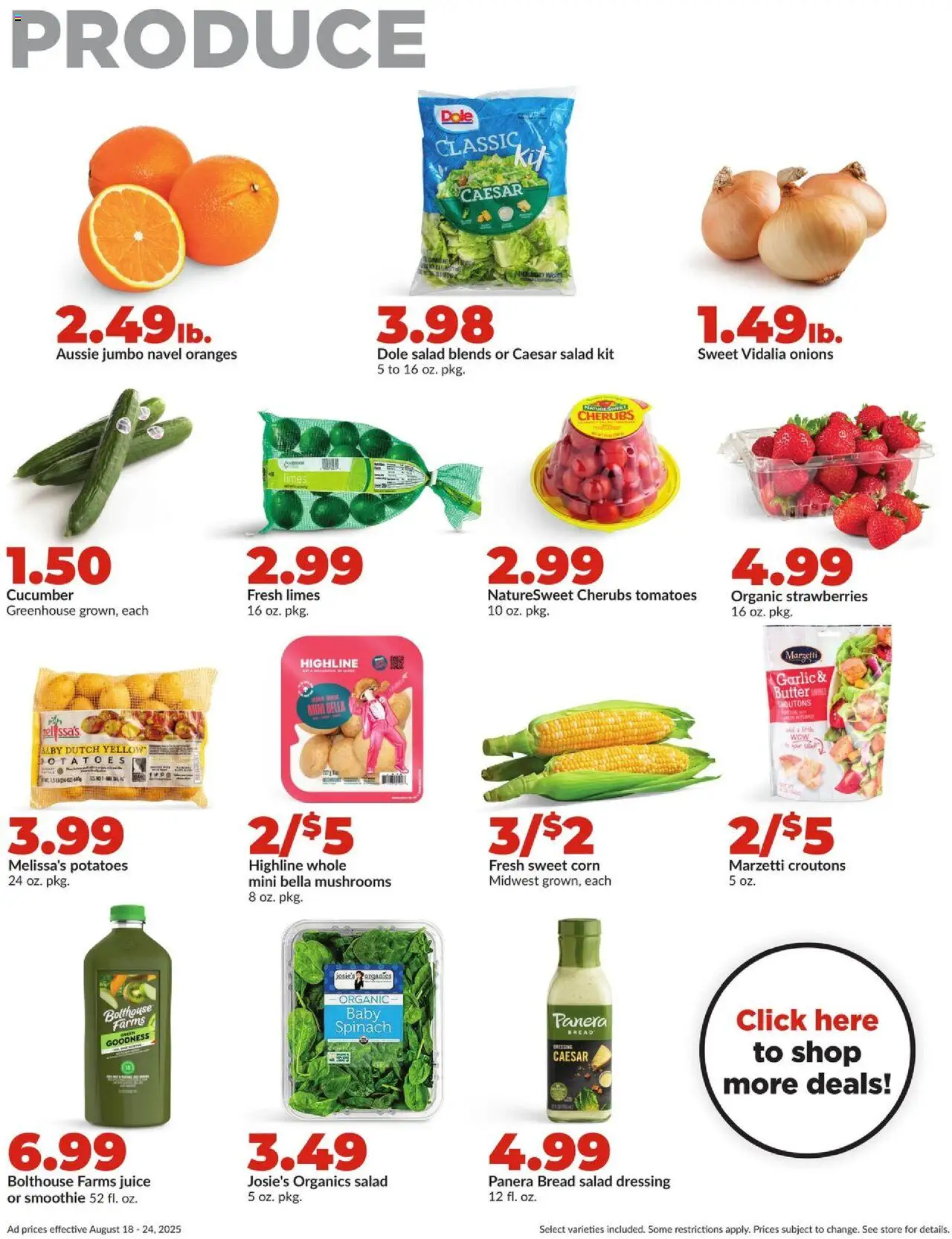 HyVee Weekly Ad - valid from 18.08.2025 | Page: 8 | Products: Spinach, Butter, Tomatoes, Salad