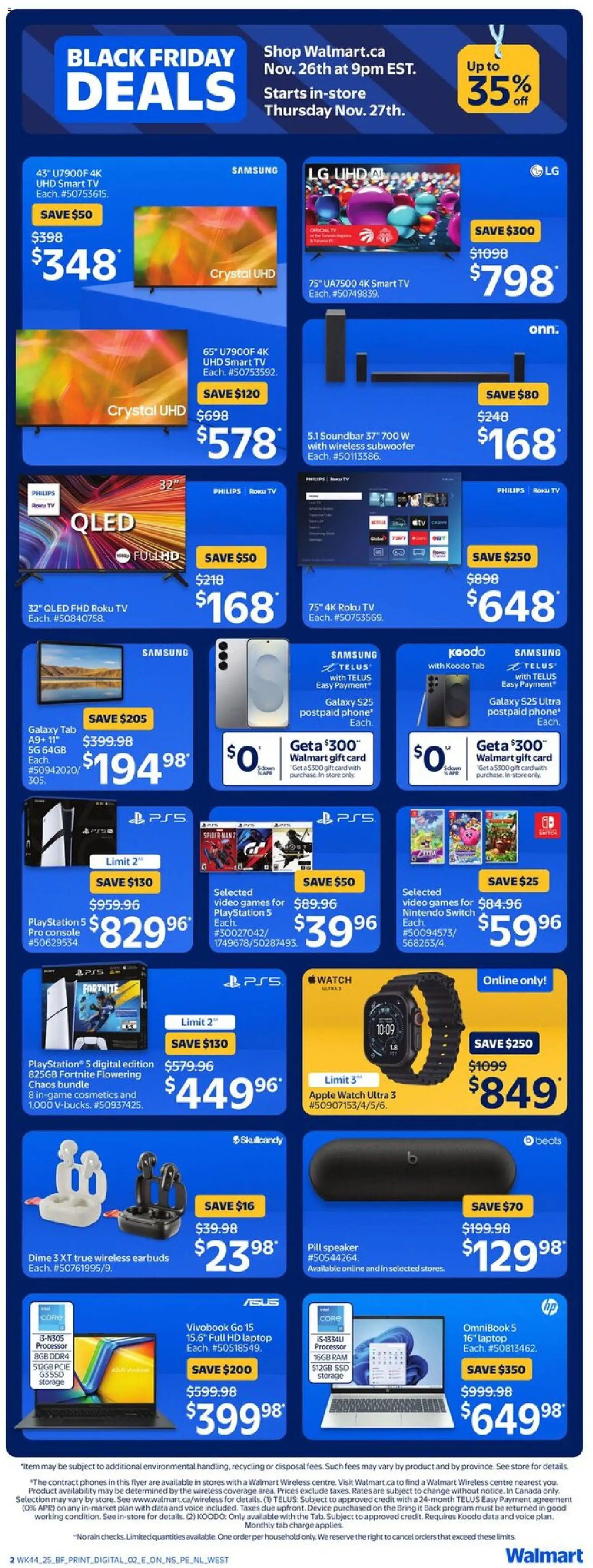 Walmart flyer valid from 26.11.2025 | Page: 3 | Products: Phone, Watch, Playstation, Speaker