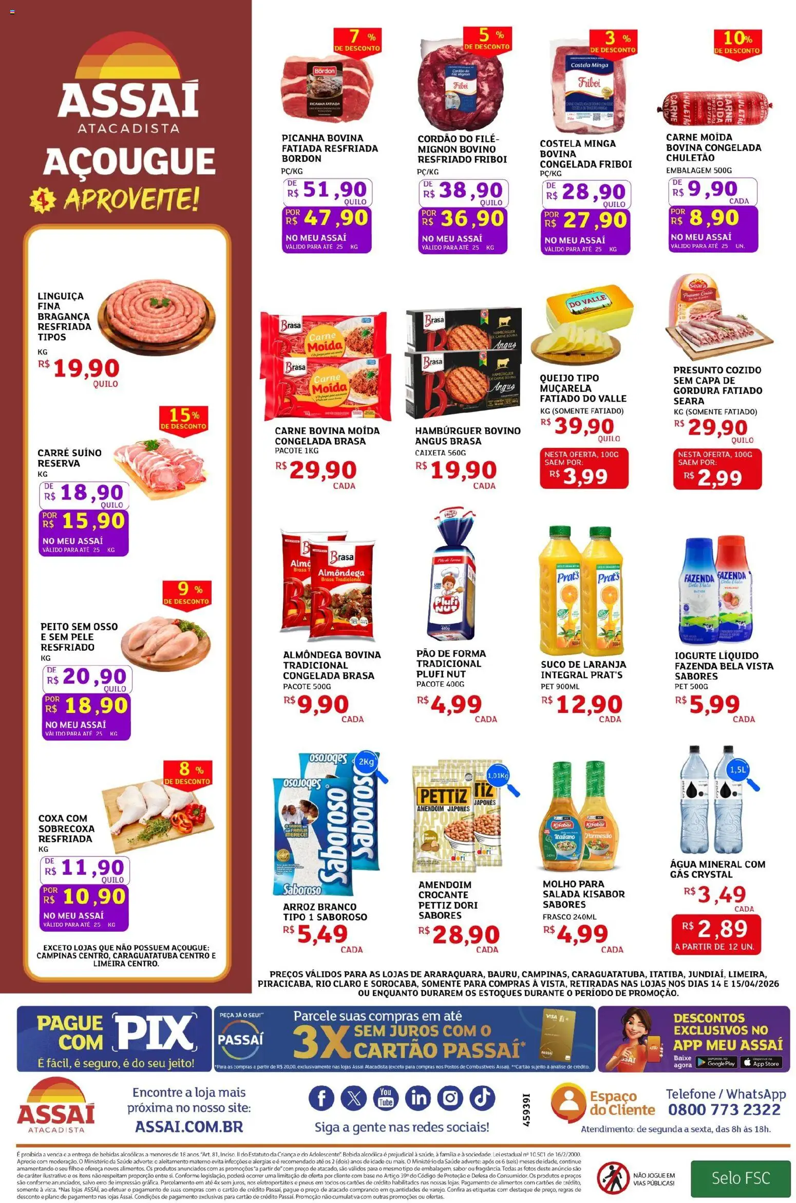 Assaí Atacadista Folheto - válido de 14.04.2026 | Página: 2 | Produtos: Linguiça, Pão, Muçarela, Água mineral
