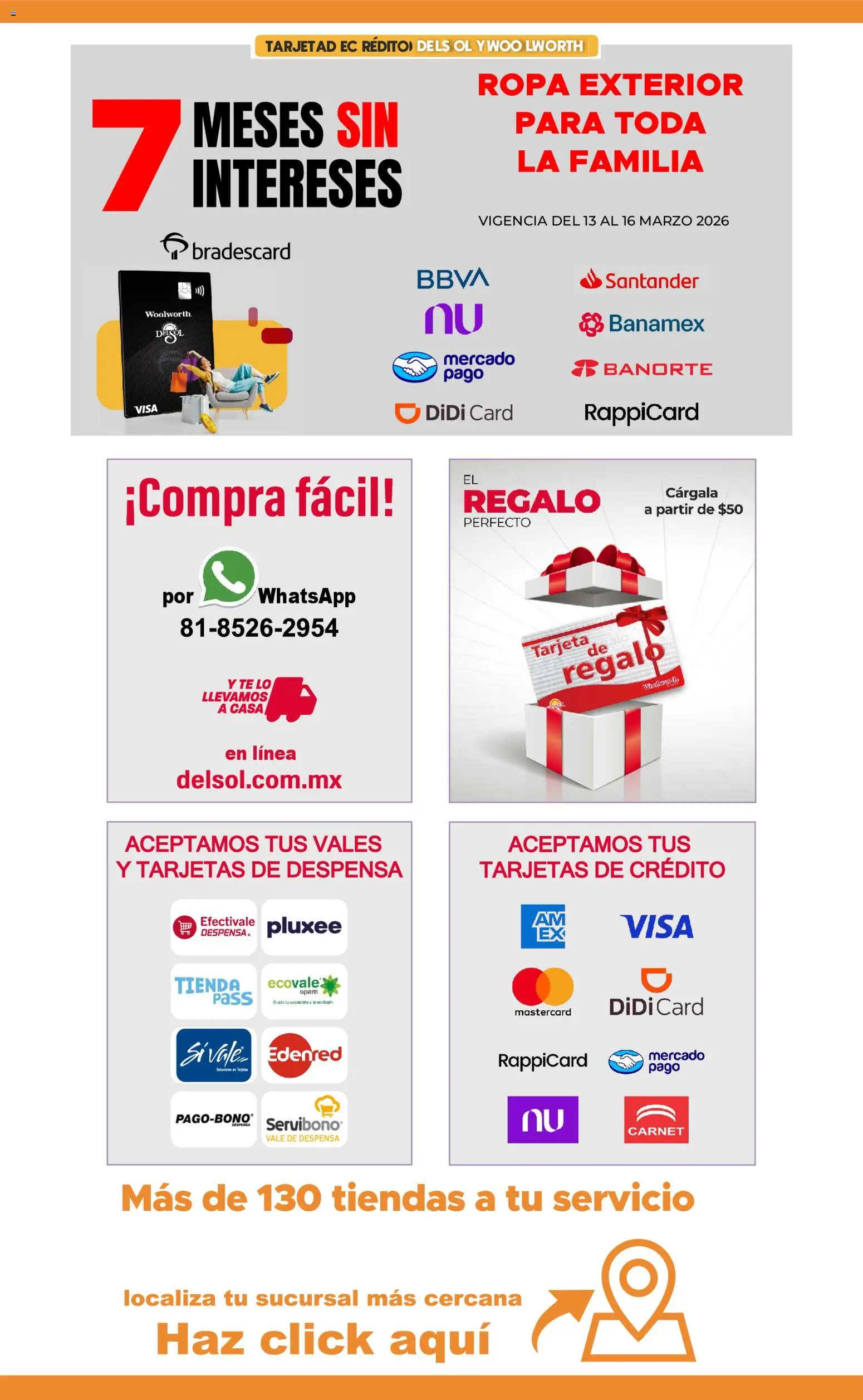 Nuevas ofertas de Del Sol y Woolworth válidas en toda la República Mexicana desde el 13.03.2026. ¡Encuentra las mejores ofertas en Del Sol y Woolworth catálogo! | Página: 8 | Productos: Ropa, Despensa, Té