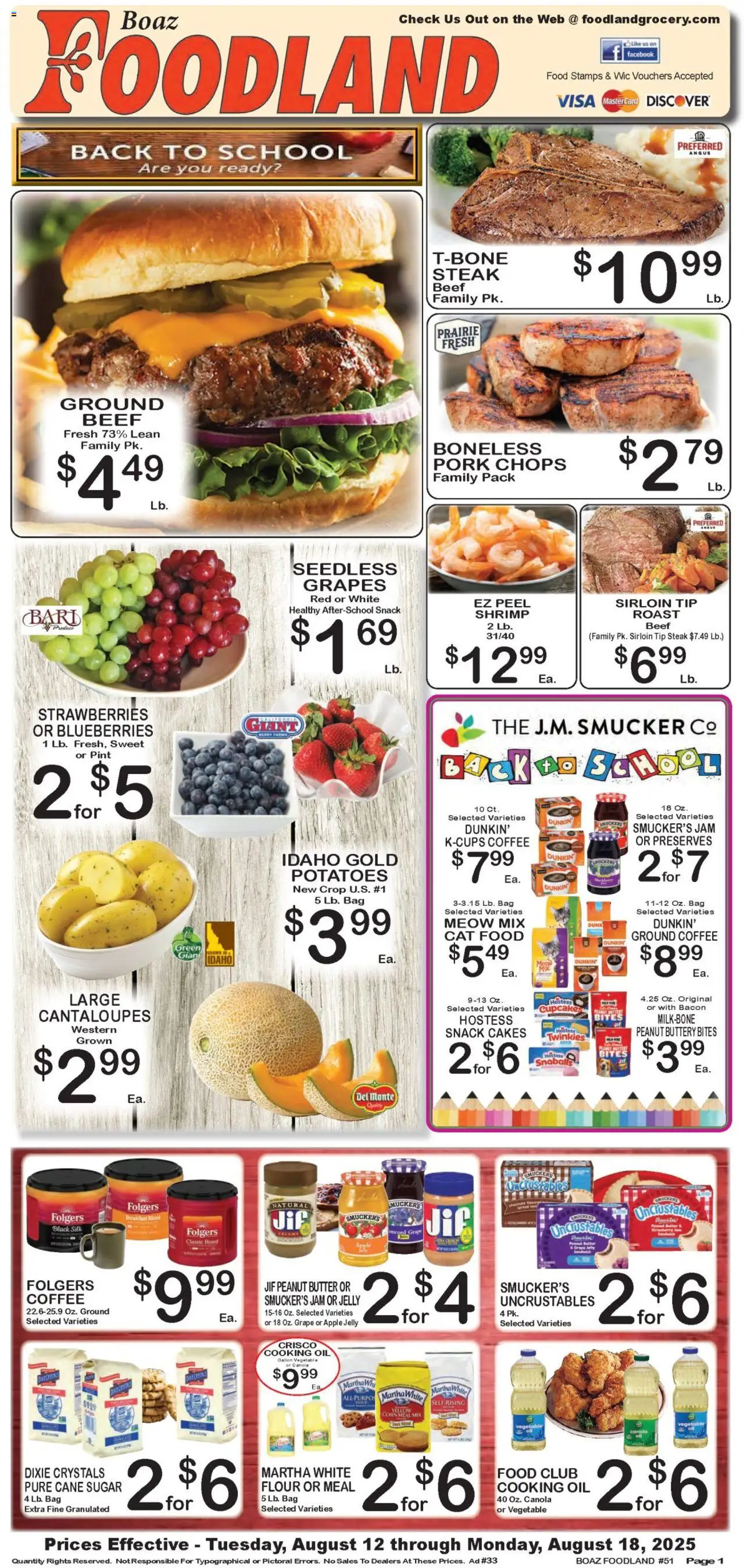 Foodland Weekly Ad - valid from 12.08.2025 | Page: 1 | Products: Cat Food, Coffee, Strawberries, Potatoes