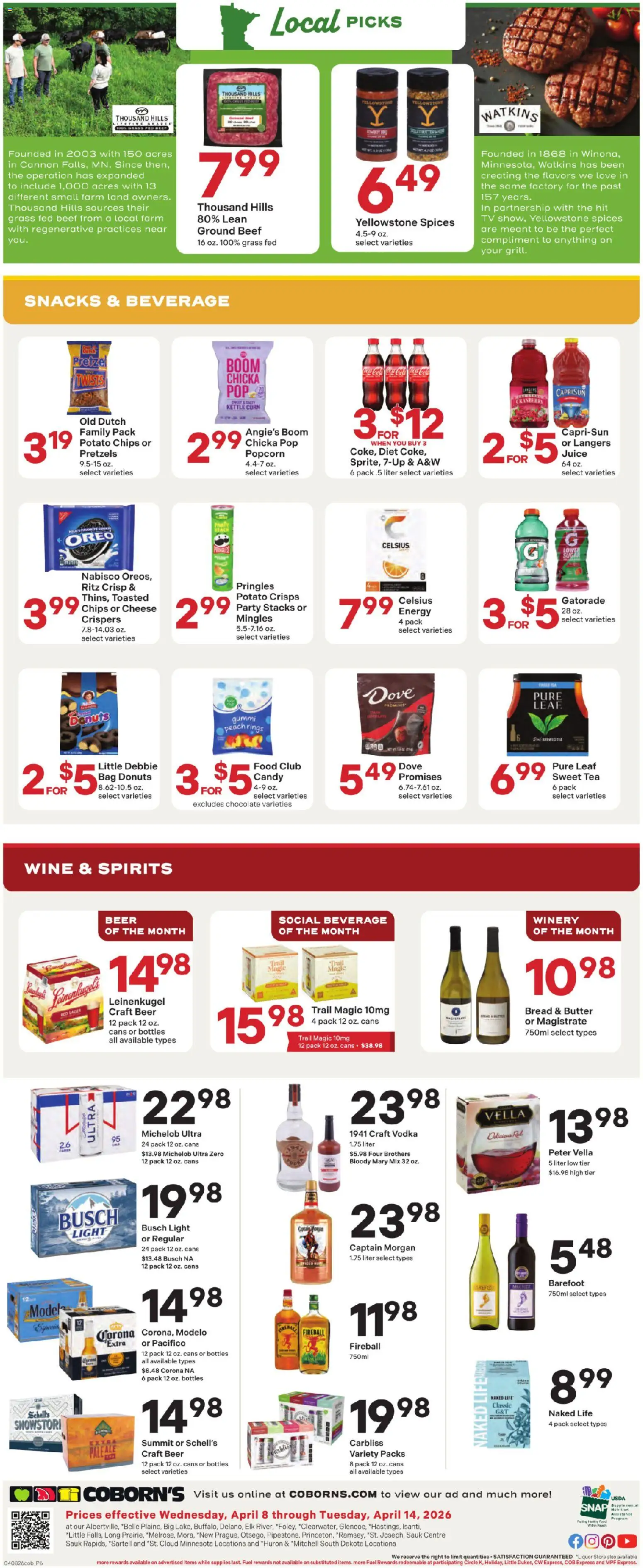 Coborn's Weekly Ad - valid from 08.04.2026 | Page: 6 | Products: Wine, Beef, Peach, Kettle