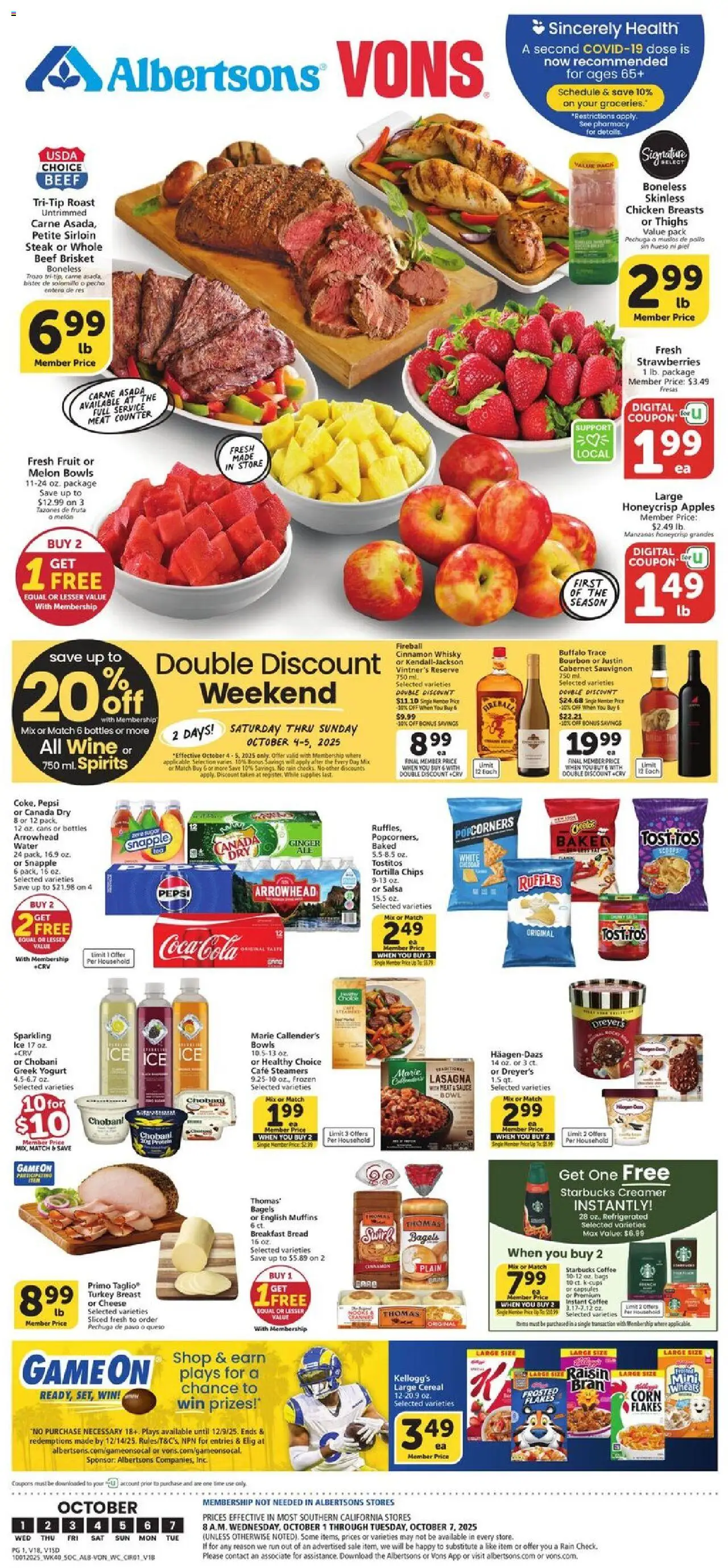 Vons Weekly Ad - valid from 01.10.2025 | Page: 1 | Products: Yogurt, Coffee, Chips, Water