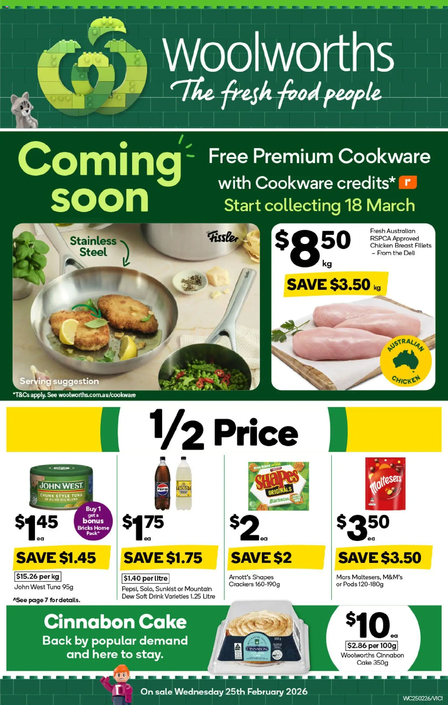 Woolworths catalogue - valid from 25.02.2026 | Page: 1 | Products: Crackers, Chicken, Cookware, Tuna