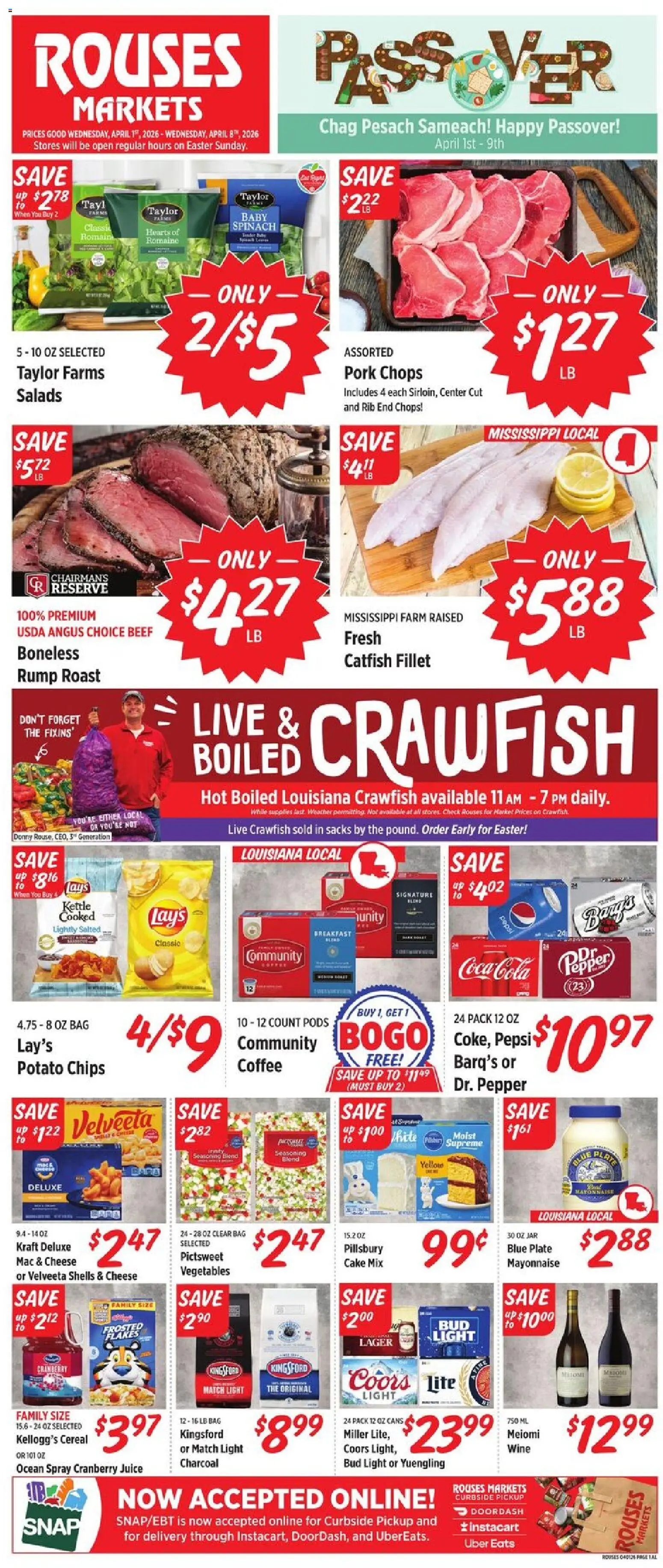 Rouses Weekly Ad - AL - valid from 01.04.2026 | Page: 1 | Products: Wine, Pork, Chips, Bag