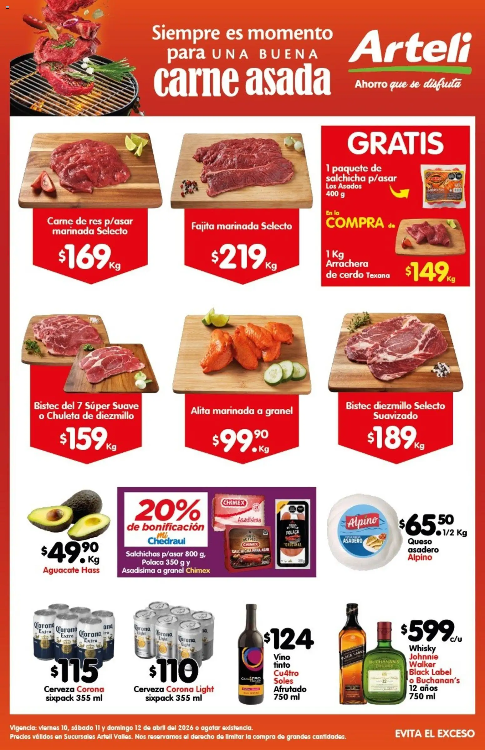 Nuevas ofertas de Arteli válidas en toda la República Mexicana desde el 10.04.2026. ¡Encuentra las mejores ofertas en Arteli folleto Carne Valles! | Página: 1 | Productos: Aguacate, Res, Vino, Whisky