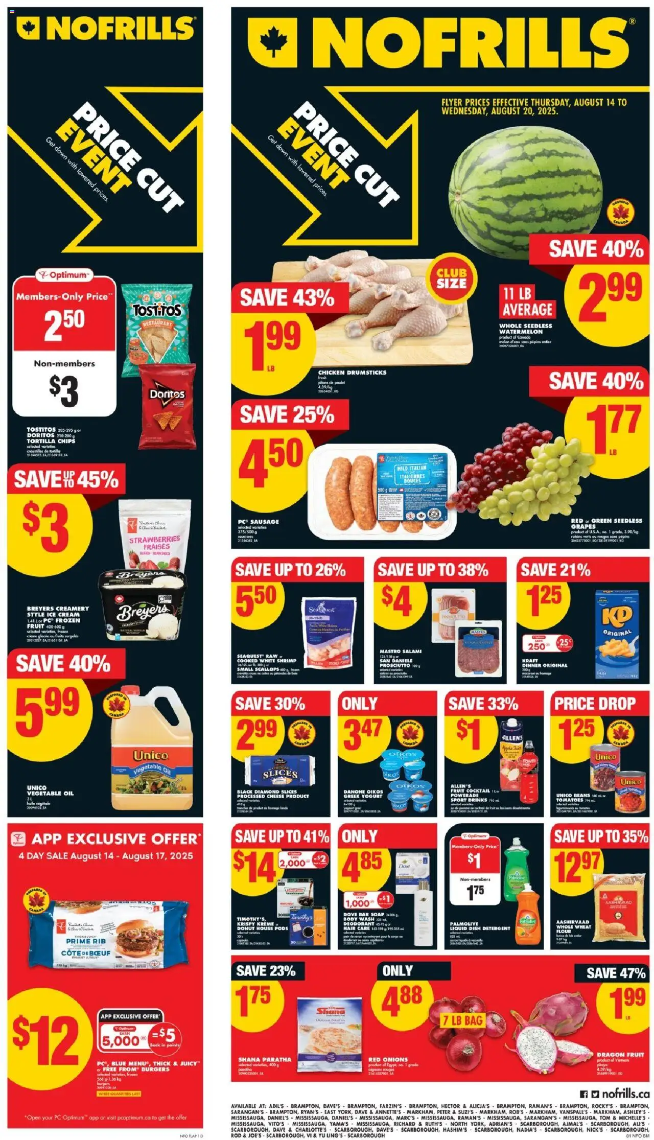 No Frills flyer valid from 14.08.2025 | Page: 1 | Products: Strawberries, Soap, Oil, Coffee