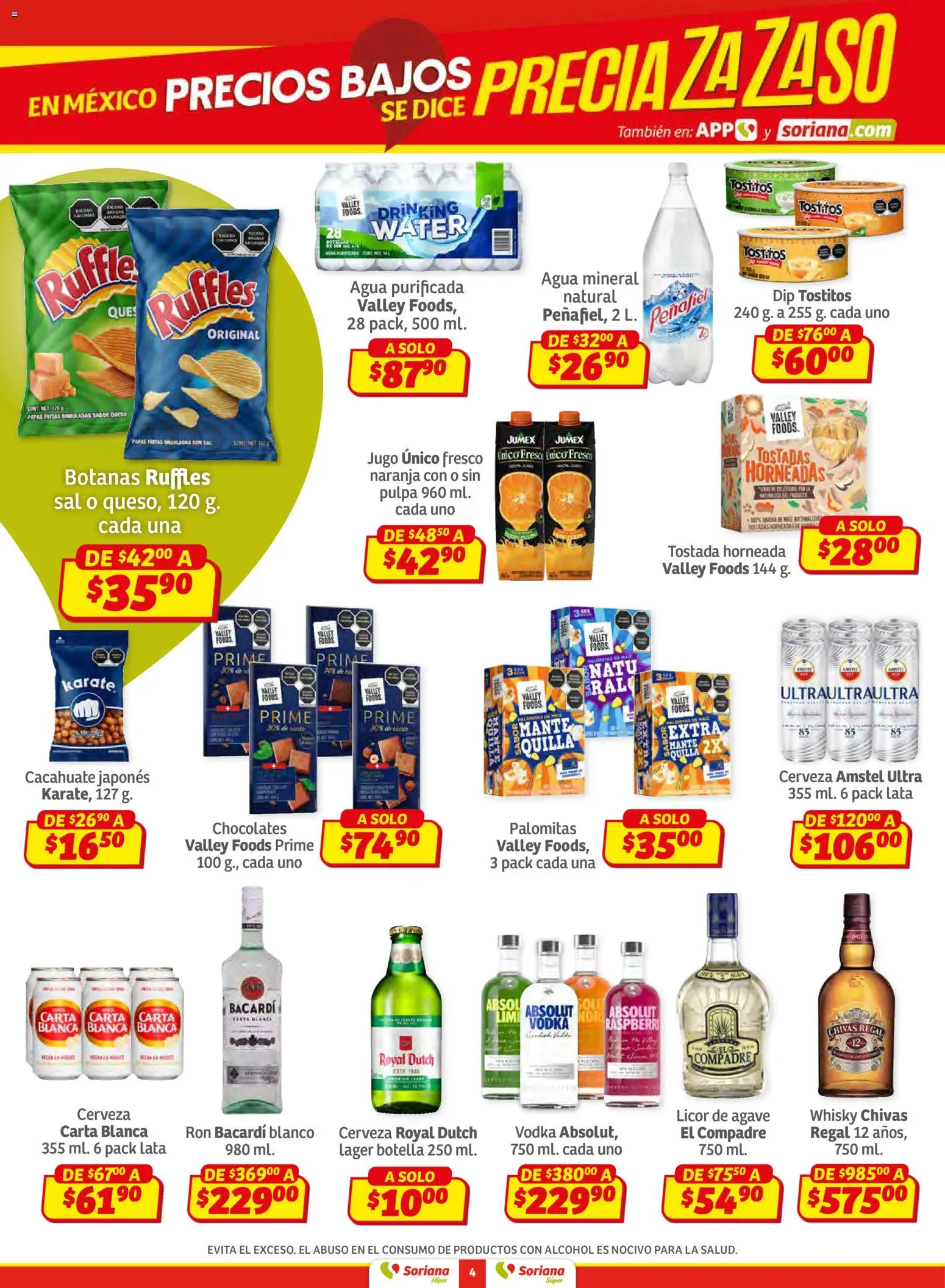 Nuevas ofertas de Soriana válidas en toda la República Mexicana desde el 15.01.2026. ¡Encuentra las mejores ofertas en Soriana - Preciazazaso Súper: Edo Mex, Gro, Hgo, Mor, Pue, Qto, Tlax, Ver! | Página: 4 | Productos: Cacahuate, Botella, Vodka, Whisky