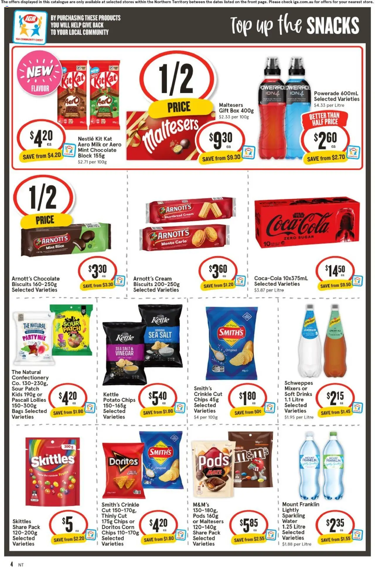 IGA catalogue - valid from 13.08.2025 | Page: 4 | Products: Milk, Chocolate, Water, Soft drinks