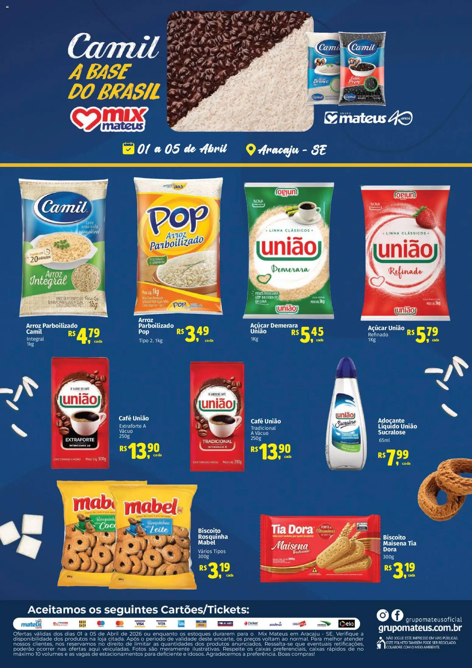 Mateus Folheto - válido de 01.04.2026 | Página: 1 | Produtos: Biscoito, Açúcar demerara, Adoçante, Arroz