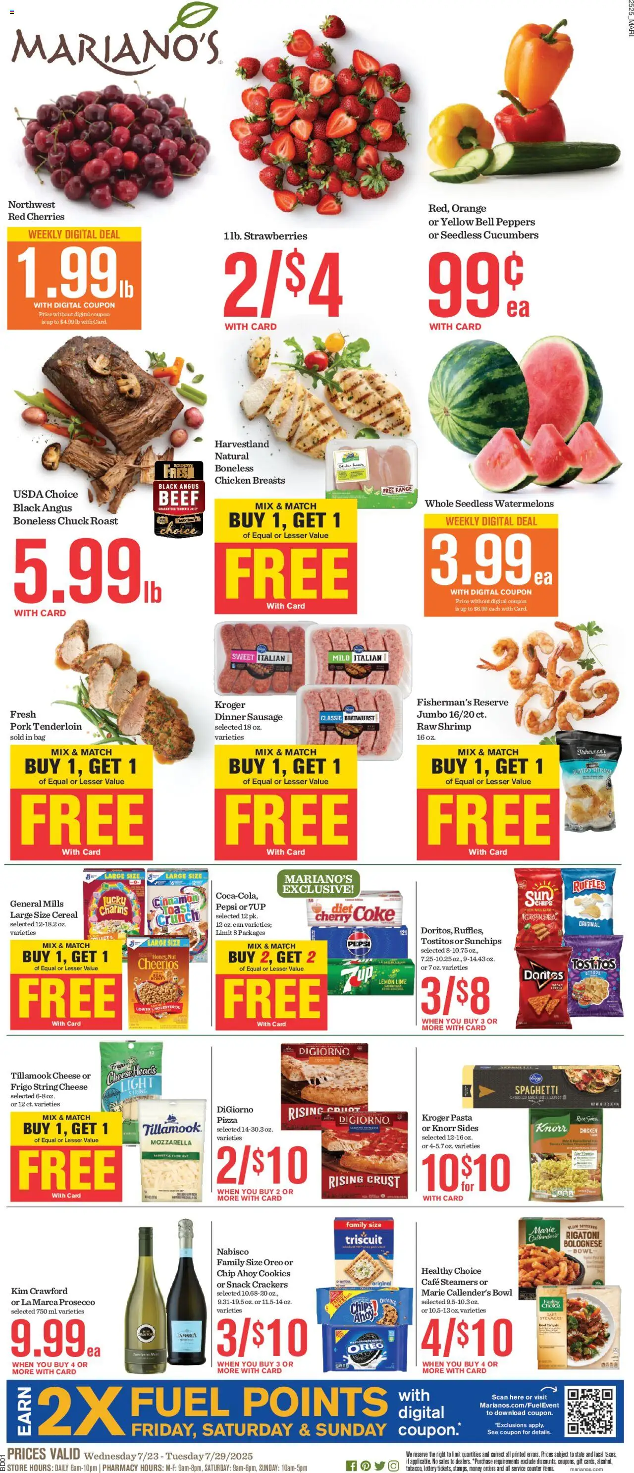 Mariano's Weekly Ad - valid from 23.07.2025 | Page: 1 | Products: Cherries, Pork, Beef, Lime