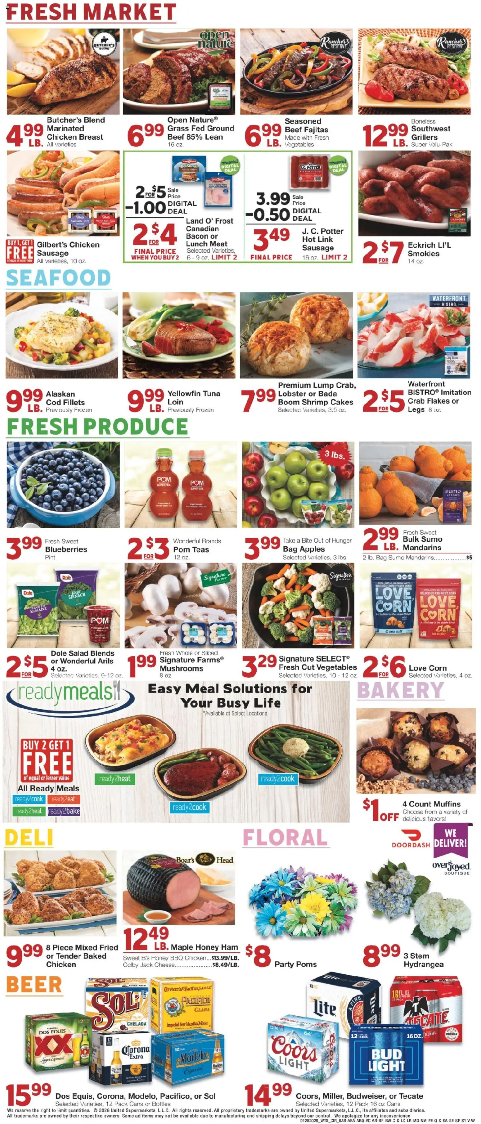 United Supermarkets Weekly Ad - valid from 27.01.2026 | Page: 6 | Products: Corn, Mushrooms, Flakes, Seafood