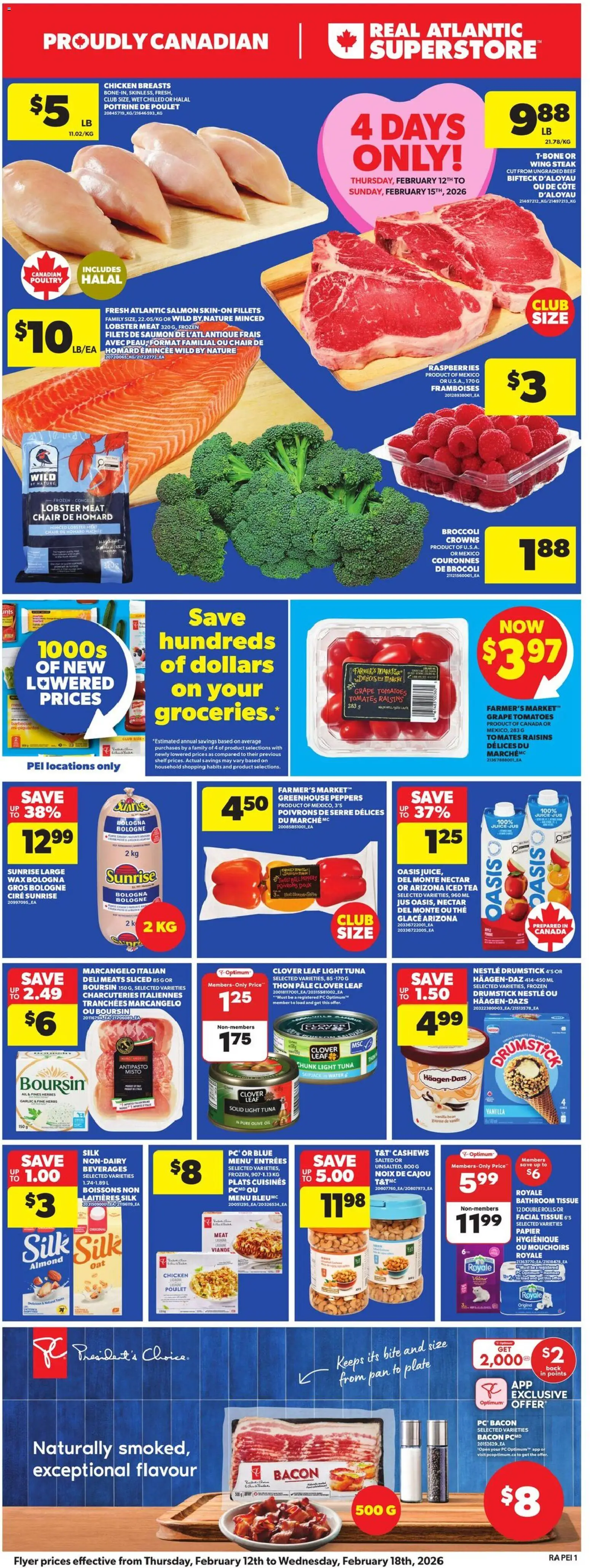 Atlantic Superstore flyer valid from 12.02.2026 | Page: 3 | Products: Chicken breasts, PC, Oil, Tomatoes