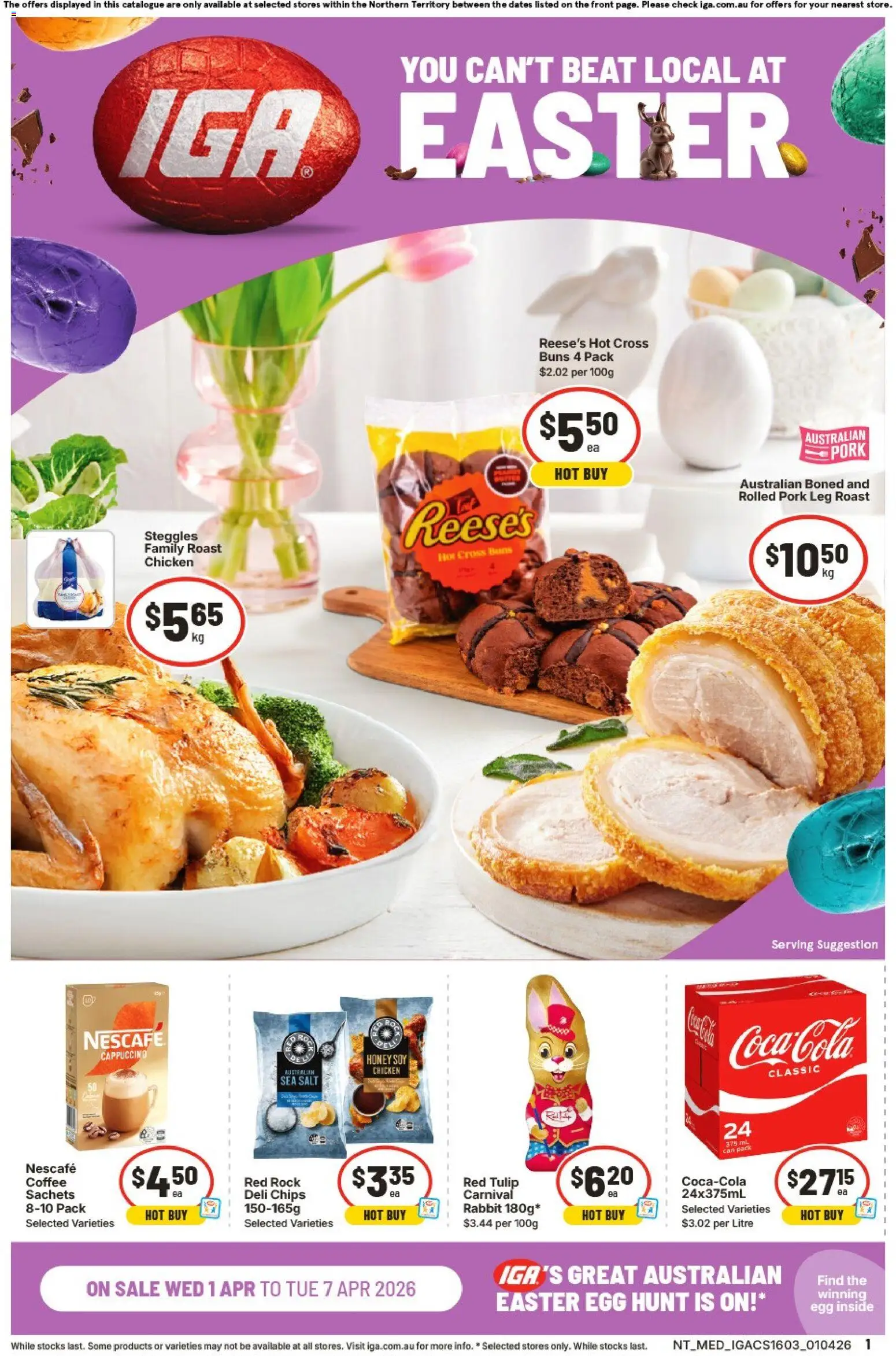 IGA catalogue - valid from 01.04.2026 | Page: 1 | Products: Honey, Chicken, Pork, Nescafe