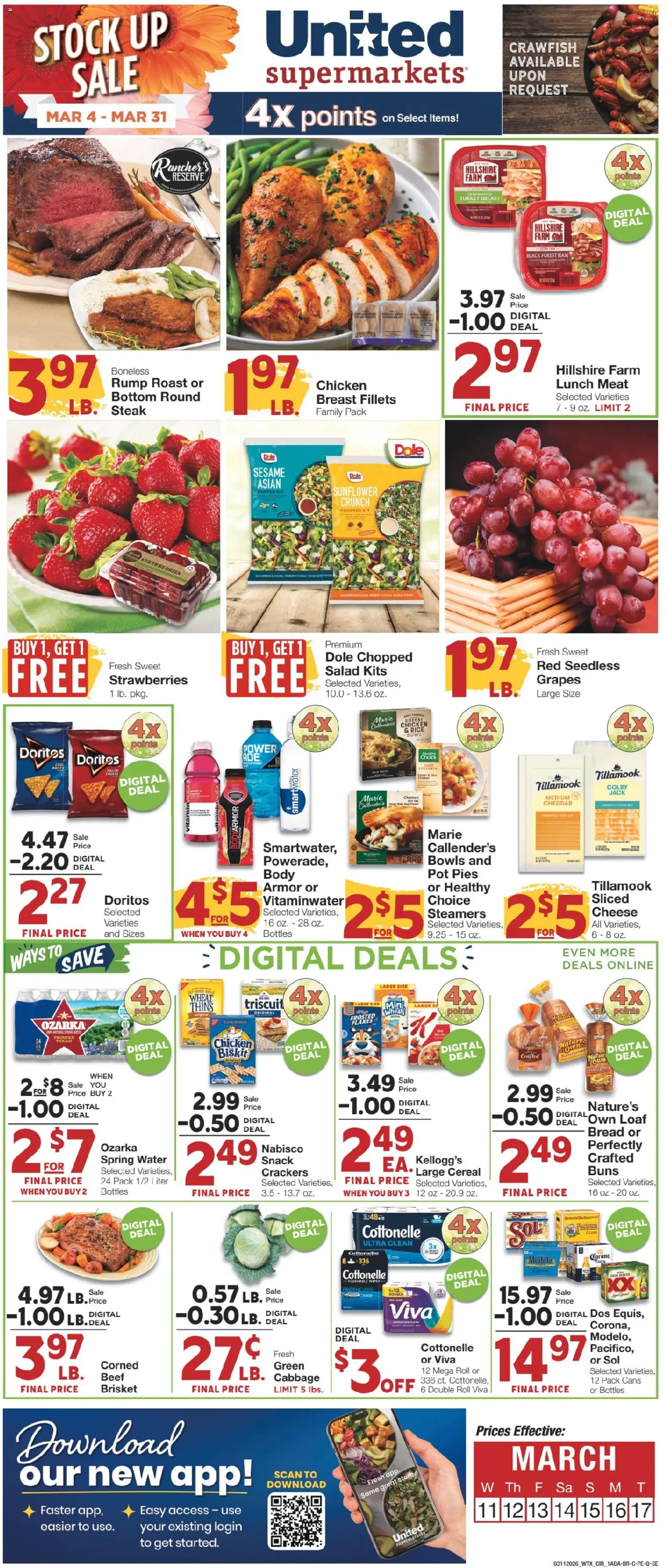 United Supermarkets Weekly Ad - valid from 10.03.2026 | Page: 1 | Products: Cheese, Rice, Flakes, Cabbage