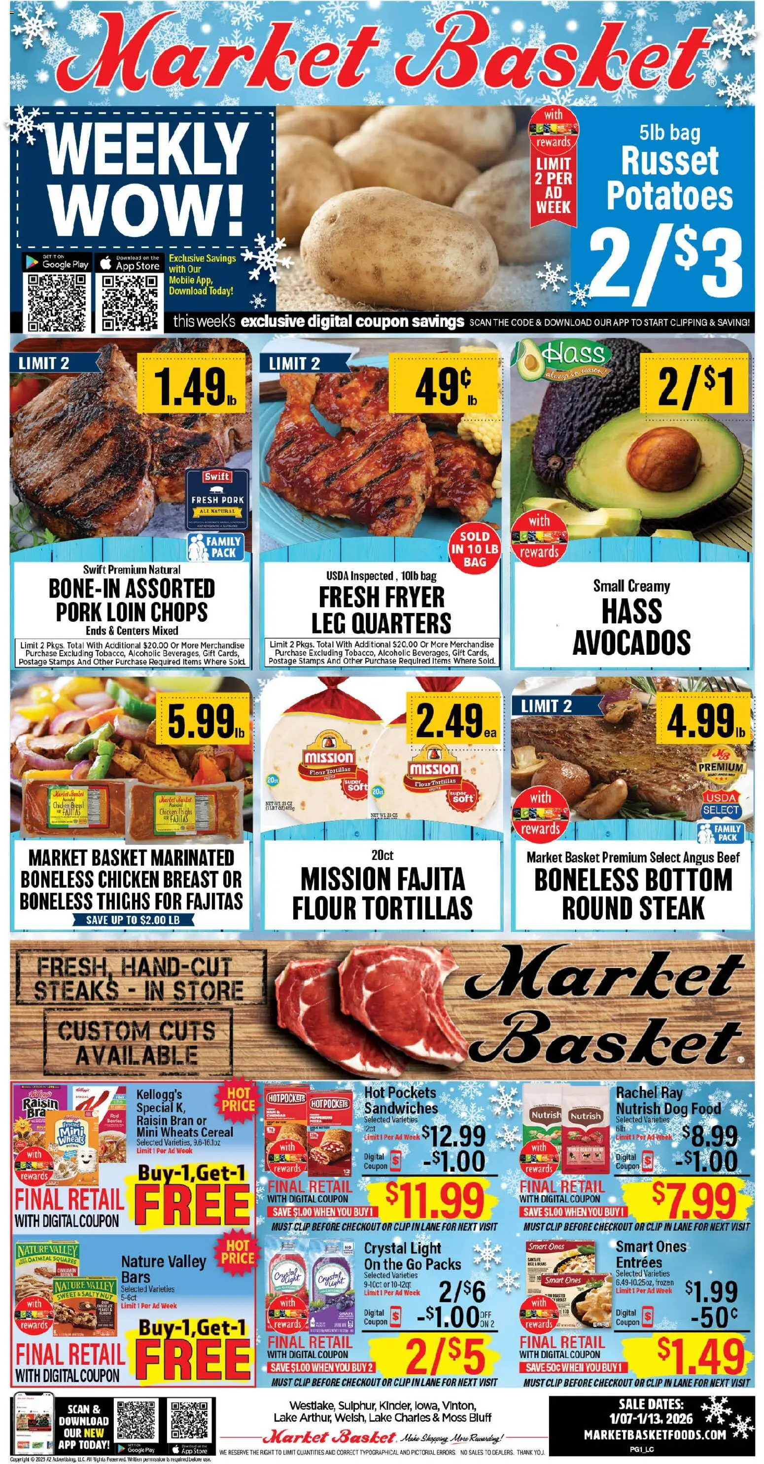 Market Basket Weekly Ad - valid from 07.01.2026 | Page: 1 | Products: Berries, Ham, Potatoes, Bag