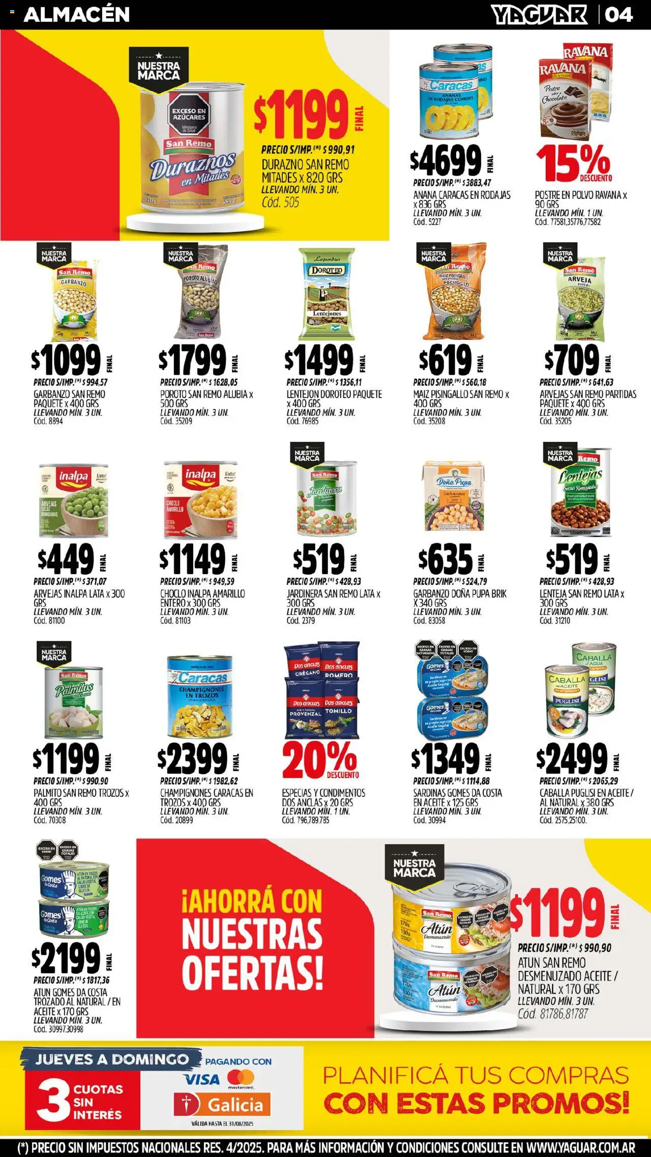Yaguar - Misiones │ válido desde el 18.08.2025 | Página: 4 | Productos: Choclo, Arvejas, Ananá, Jugo