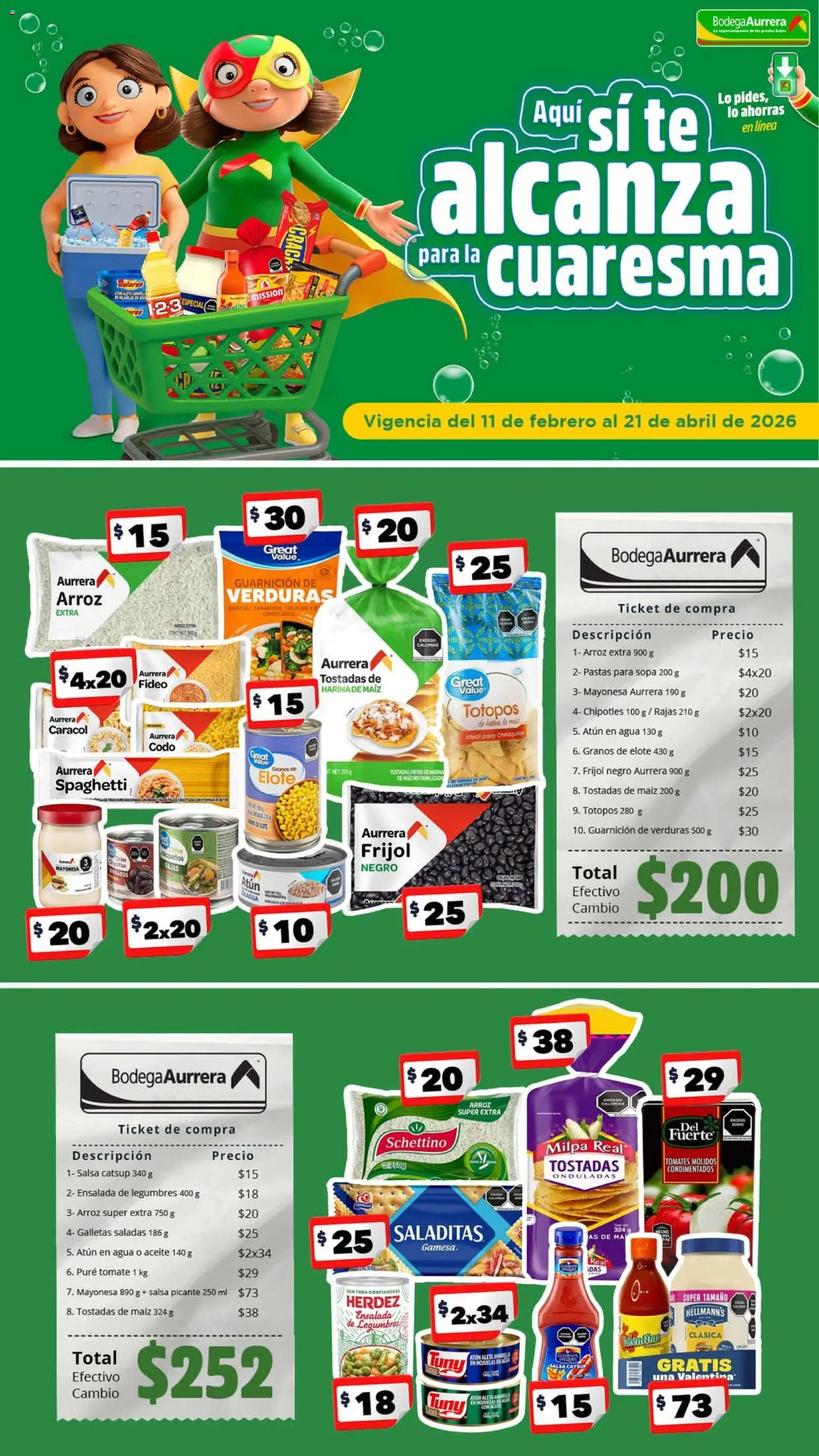 Nuevas ofertas de Bodega Aurrerá válidas en toda la República Mexicana desde el 11.02.2026. ¡Encuentra las mejores ofertas en Bodega Aurrerá folleto Aquí sí te alcanza para la cuaresma! | Página: 1 | Productos: Catsup, Hojuelas, Ensalada, Té