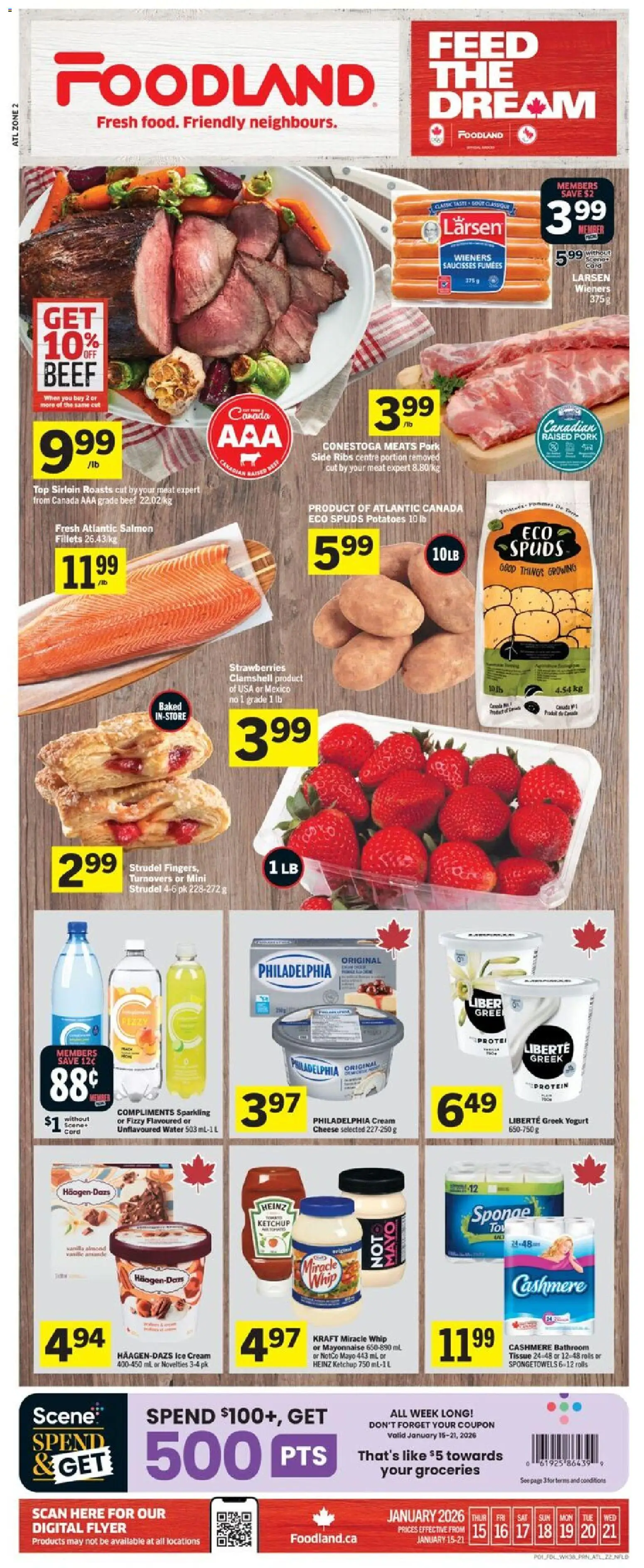 Foodland flyer valid from 15.01.2026 | Page: 1 | Products: Beef, Sponge, Cheese, Pork