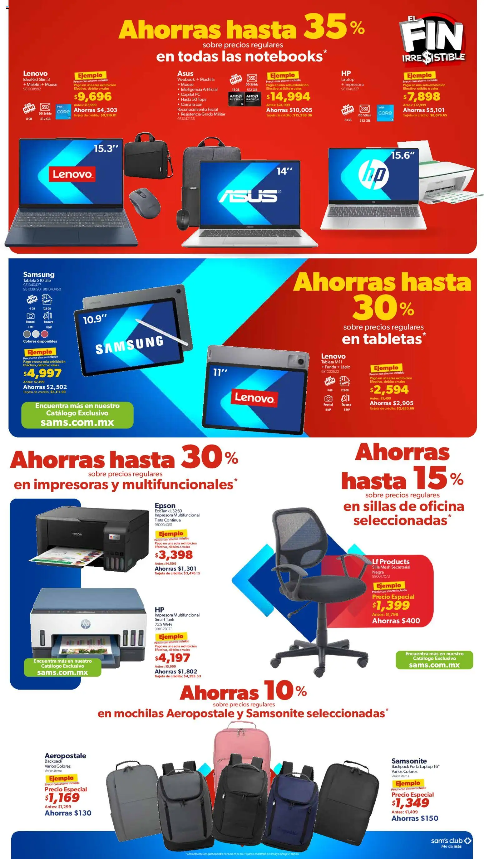 Nuevas ofertas de Sam's Club válidas en toda la República Mexicana desde el 04.11.2025. ¡Encuentra las mejores ofertas en Sam's Club Buen Fin! | Página: 8 | Productos: Mochila, Impresora, Funda, Tableta