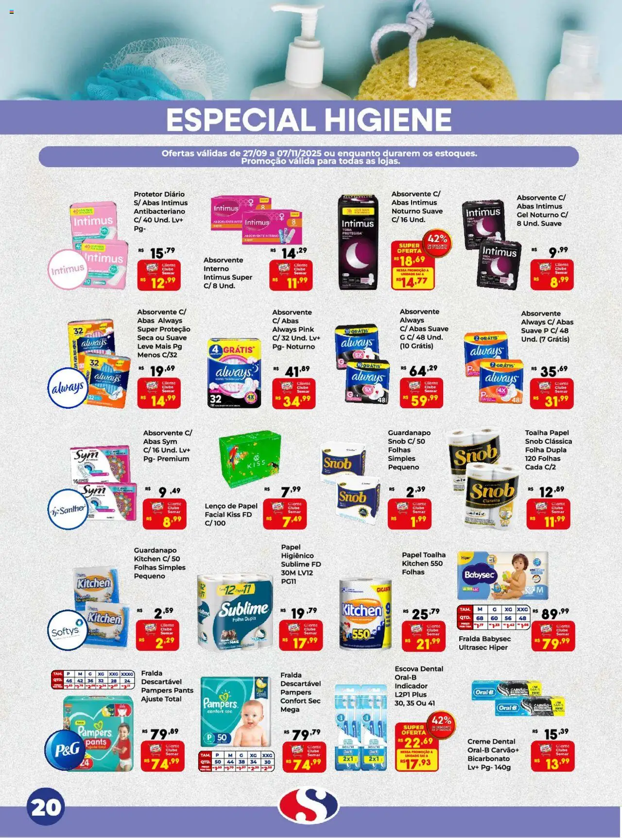 Semar Supermercado Folheto - válido de 27.09.2025 | Página: 20 | Produtos: Pampers, Escova, Creme, Absorvente