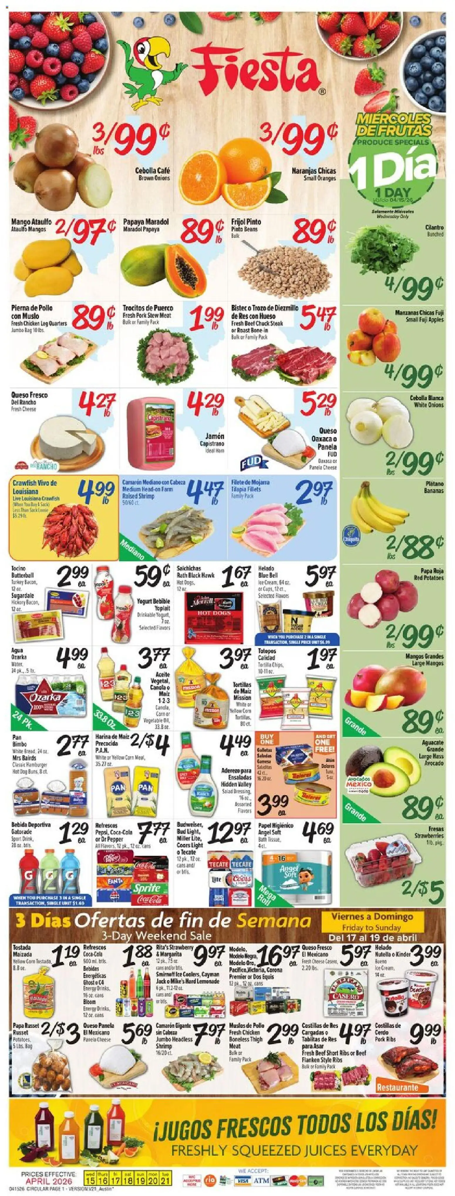 Fiesta Mart Weekly Ad - valid from 15.04.2026 | Page: 1 | Products: Apples, Potatoes, Mango, Hot Dogs