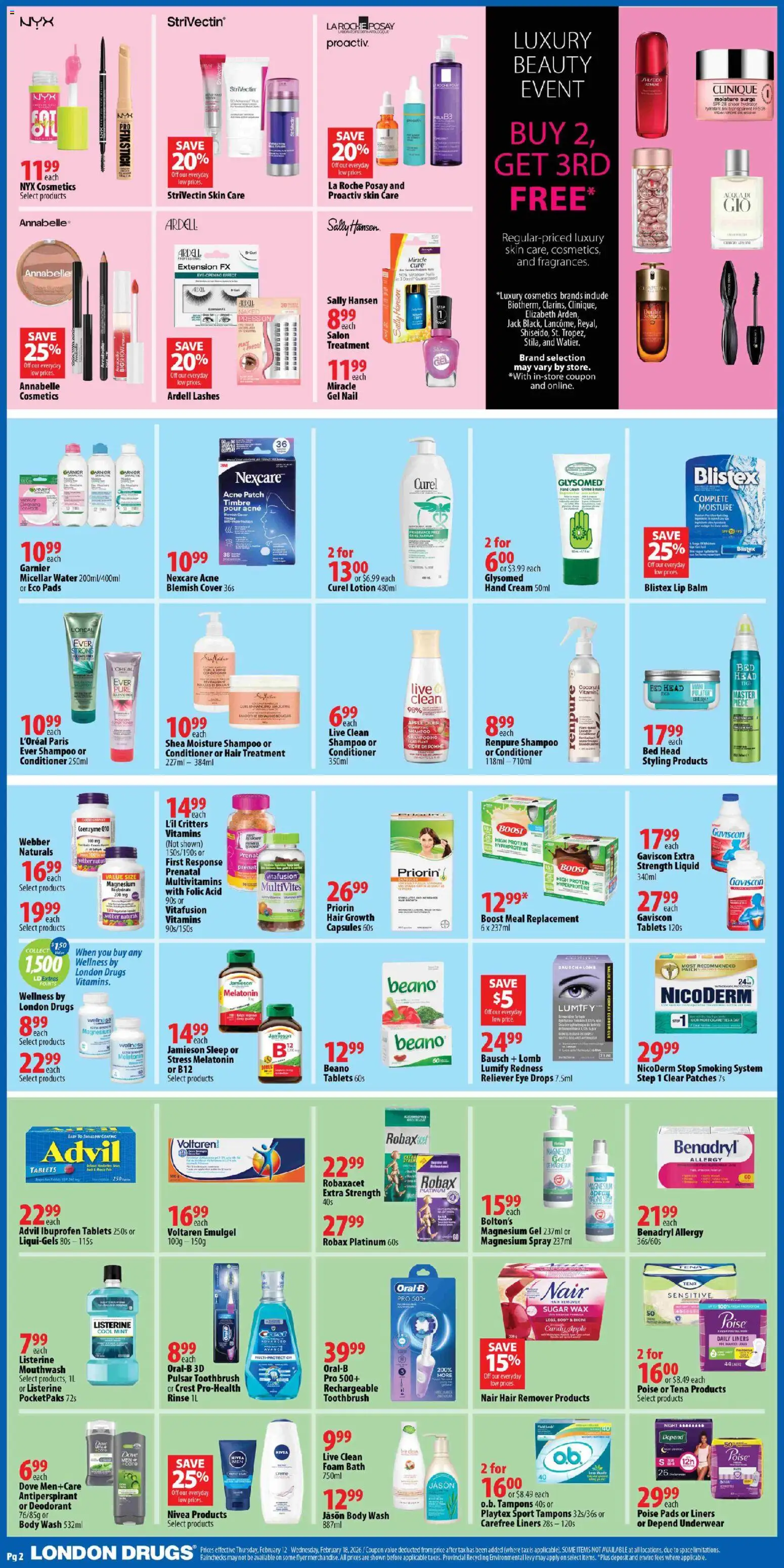London Drugs flyer valid from 12.02.2026 | Page: 2 | Products: Cream, Conditioner, Hand cream, Underwear