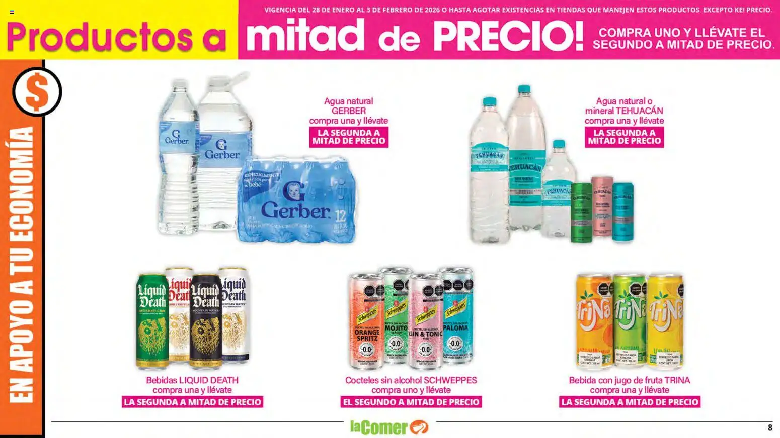 Nuevas ofertas de La Comer válidas en toda la República Mexicana desde el 28.01.2026. ¡Encuentra las mejores ofertas en La Comer folleto! | Página: 8 | Productos: Gin, Agua, Jugo