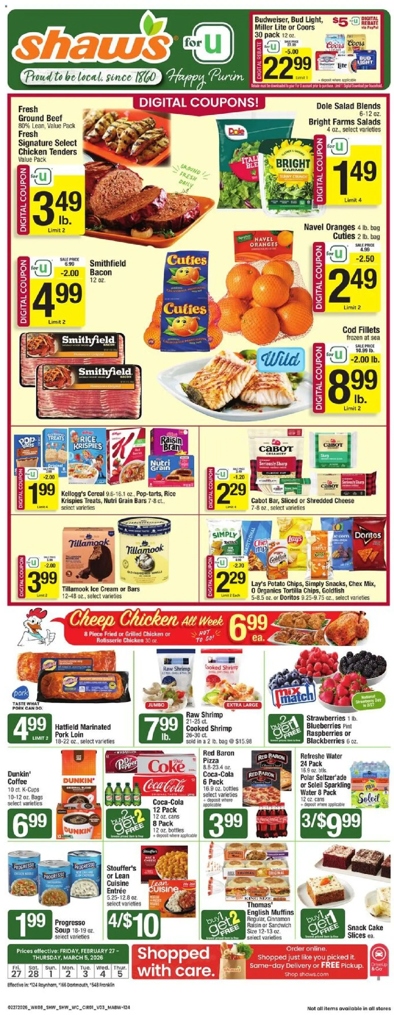 Shaw's Weekly Ad - MA - valid from 27.02.2026 | Page: 1 | Products: Coffee, Cream, Ice cream, Salad