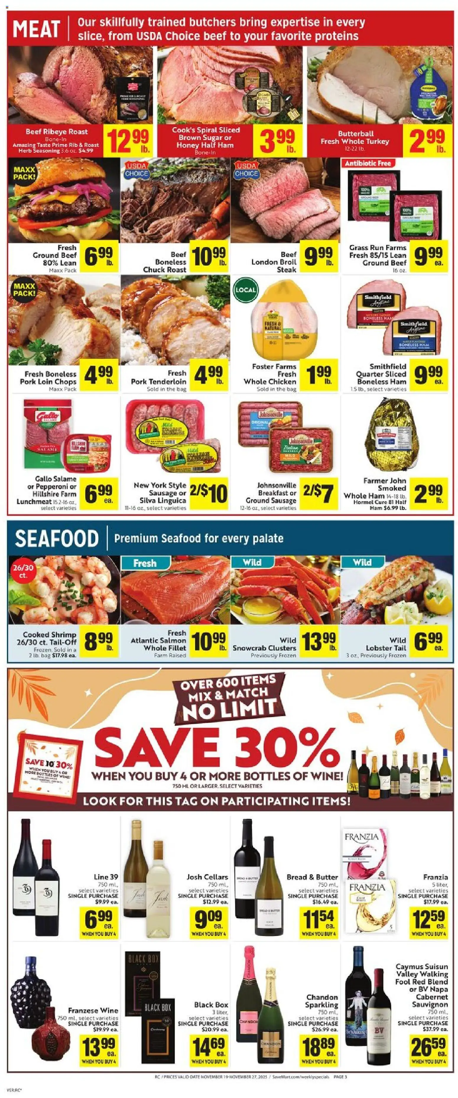 Save Mart Weekly Ad - valid from 19.11.2025 | Page: 5 | Products: Bread, Wine, Seafood, Date