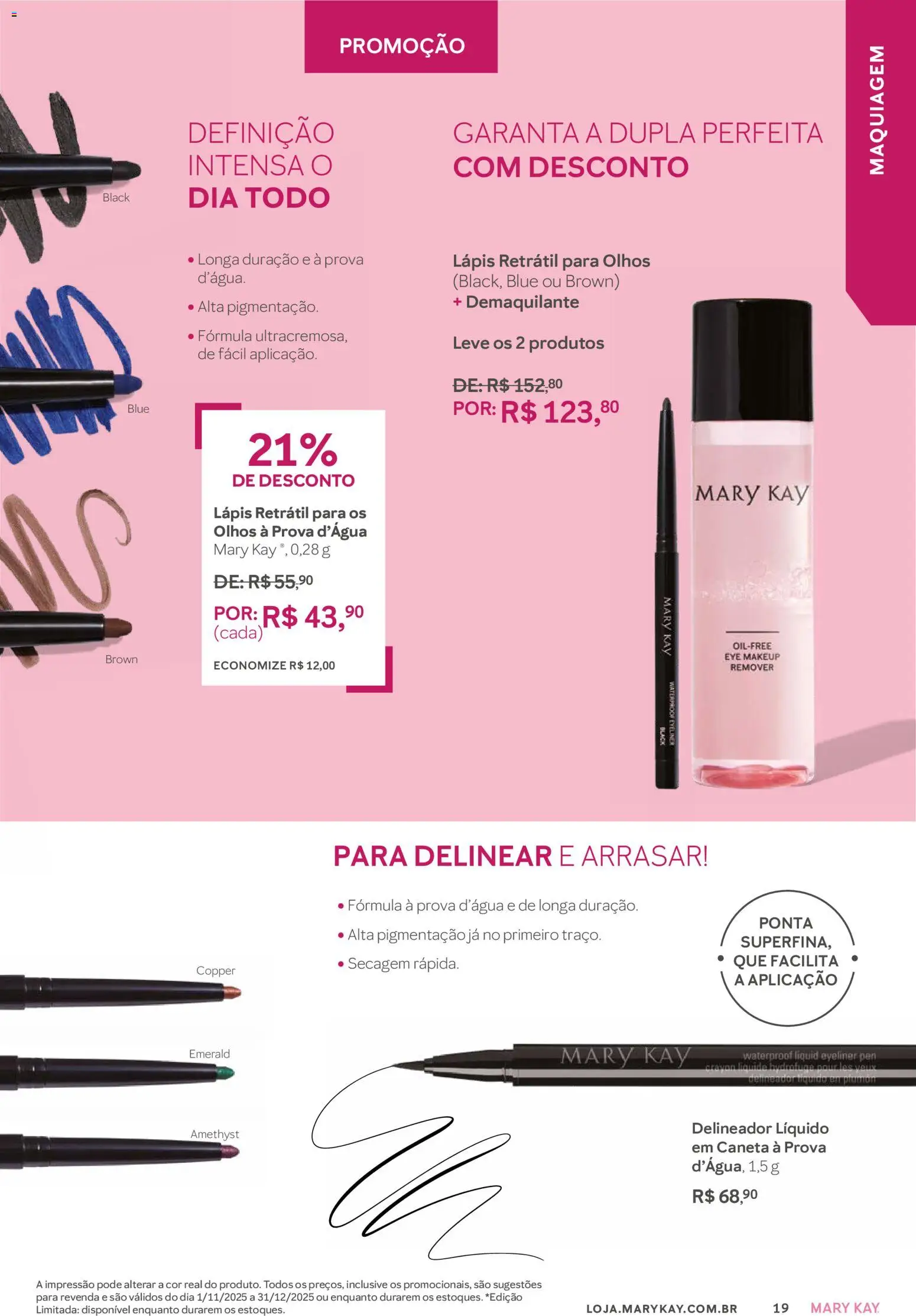 Mary Kay Folheto - válido de 01.11.2025 | Página: 19 | Produtos: Maquiagem, Lápis, Caneta, Demaquilante