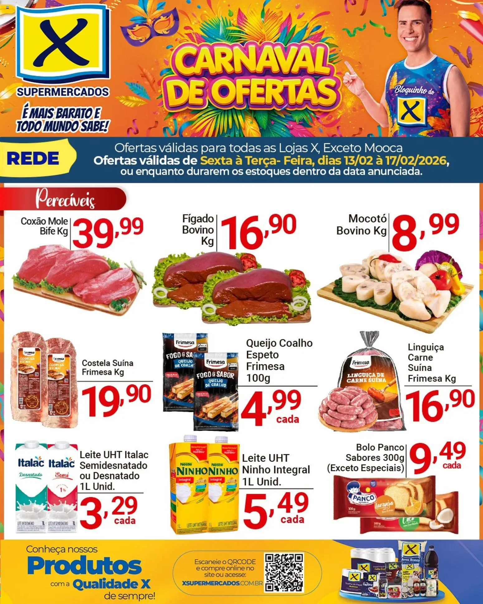 X Supermercados Folheto - válido de 13.02.2026 | Página: 1 | Produtos: Queijo, Queijo coalho, Arroz, Carne