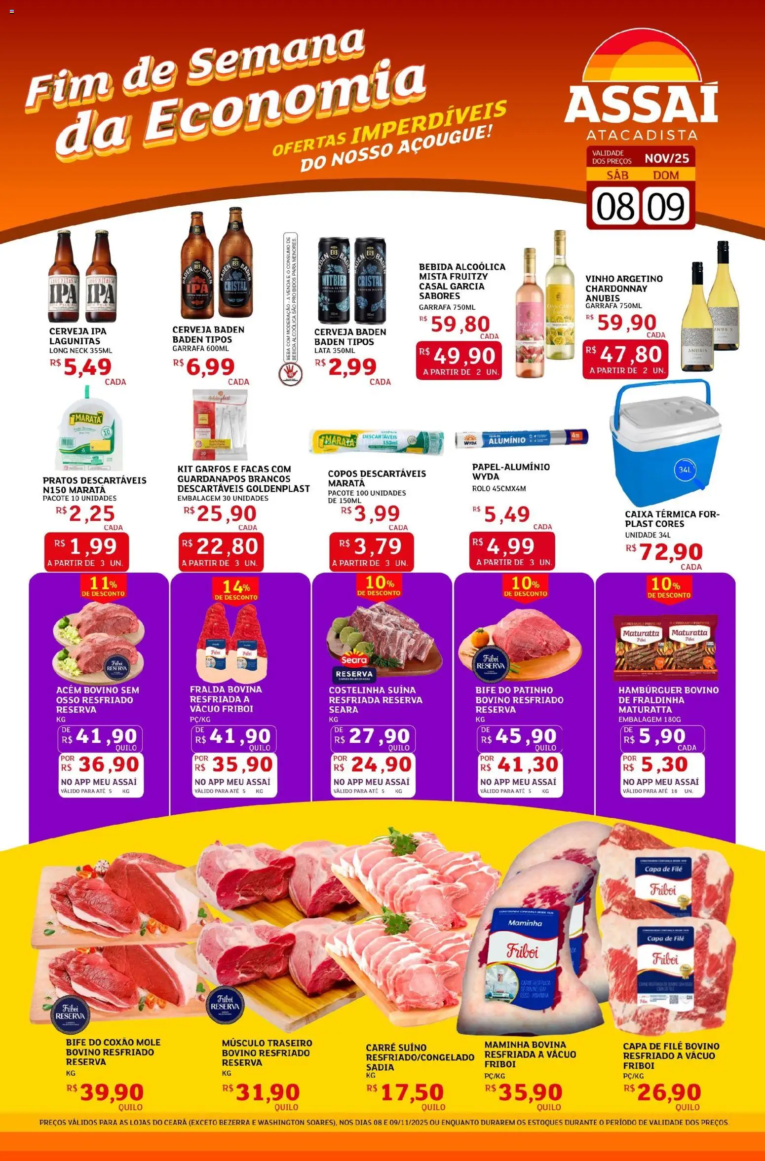 Assaí Atacadista Folheto - válido de 08.11.2025 | Página: 1 | Produtos: Rolo, Acém, Cerveja, Copos