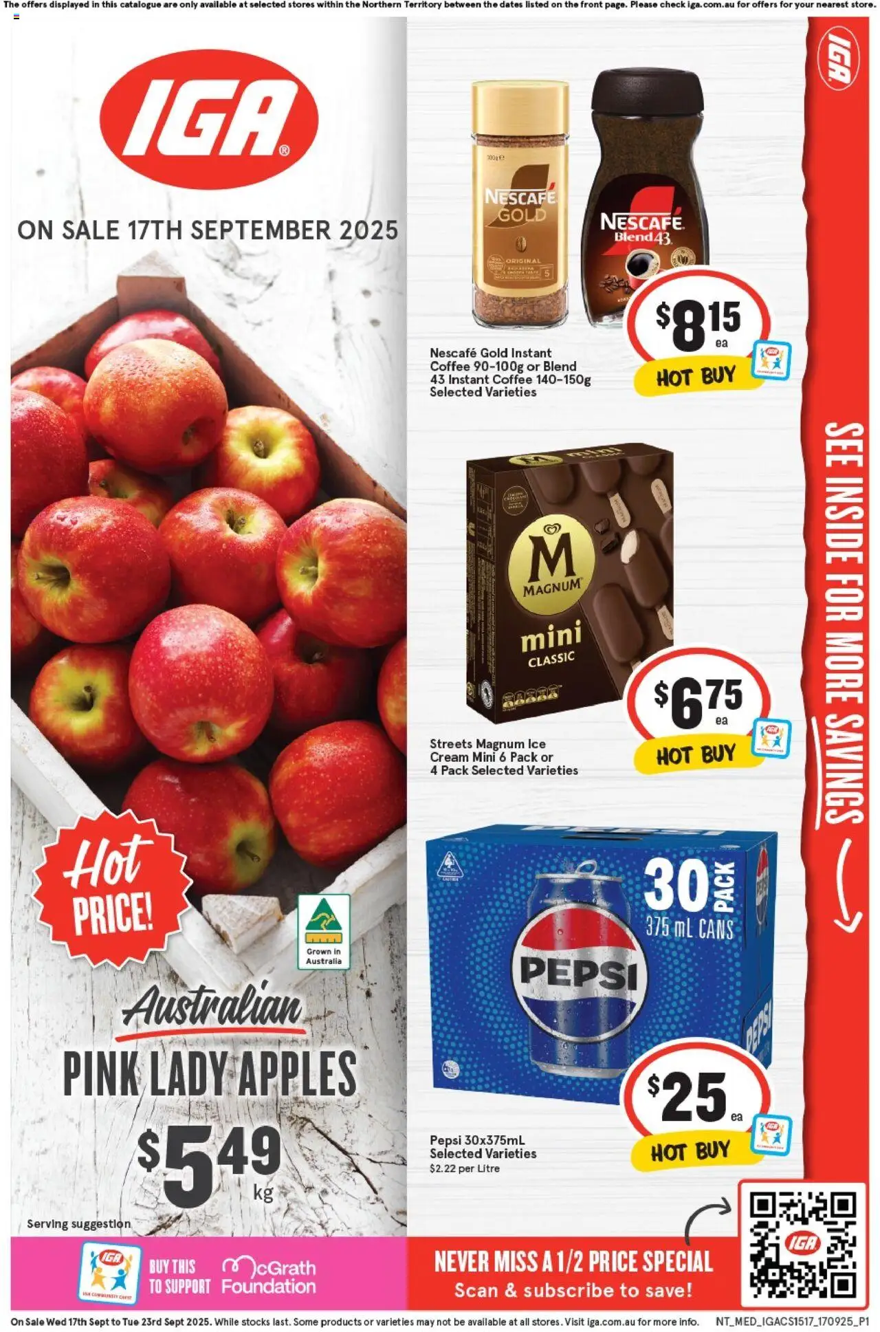 IGA catalogue - valid from 17.09.2025 | Page: 1 | Products: Apples, Pepsi, Cream, Nescafe