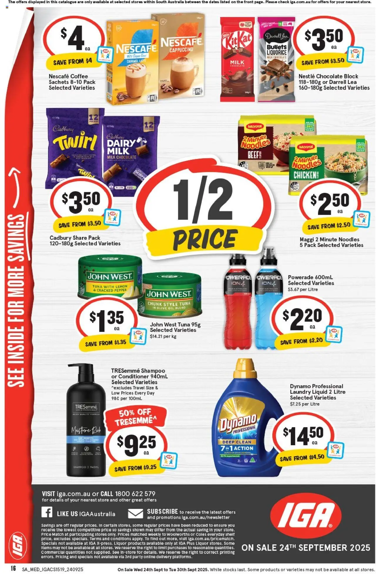 IGA catalogue - valid from 24.09.2025 | Page: 16 | Products: Chocolate, Noodles, Tuna, Laundry