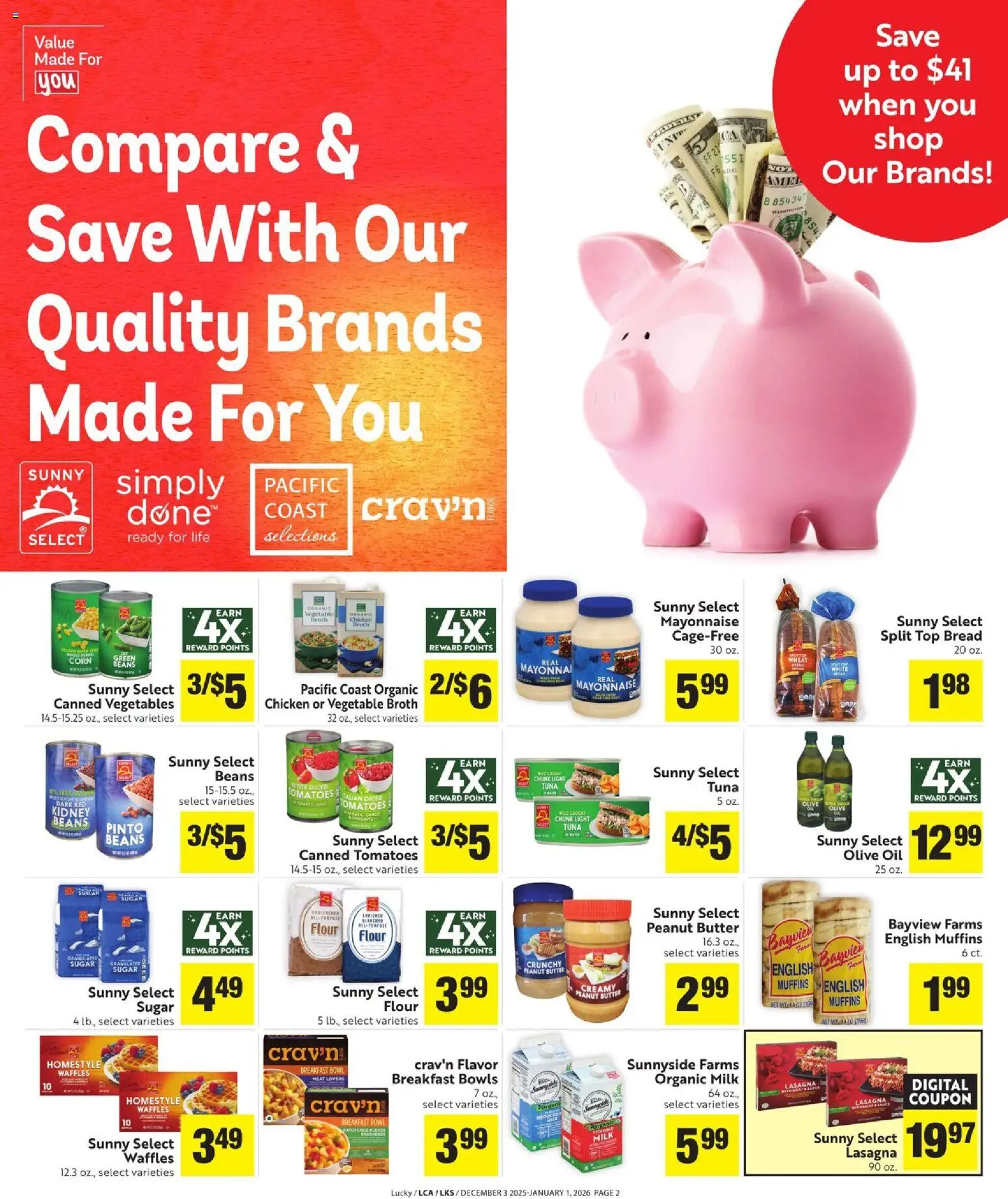 Lucky Supermarkets More Deals Across the Store - valid from 03.12.2025 | Page: 2 | Products: Butter, Bread, Tomatoes, Mayonnaise