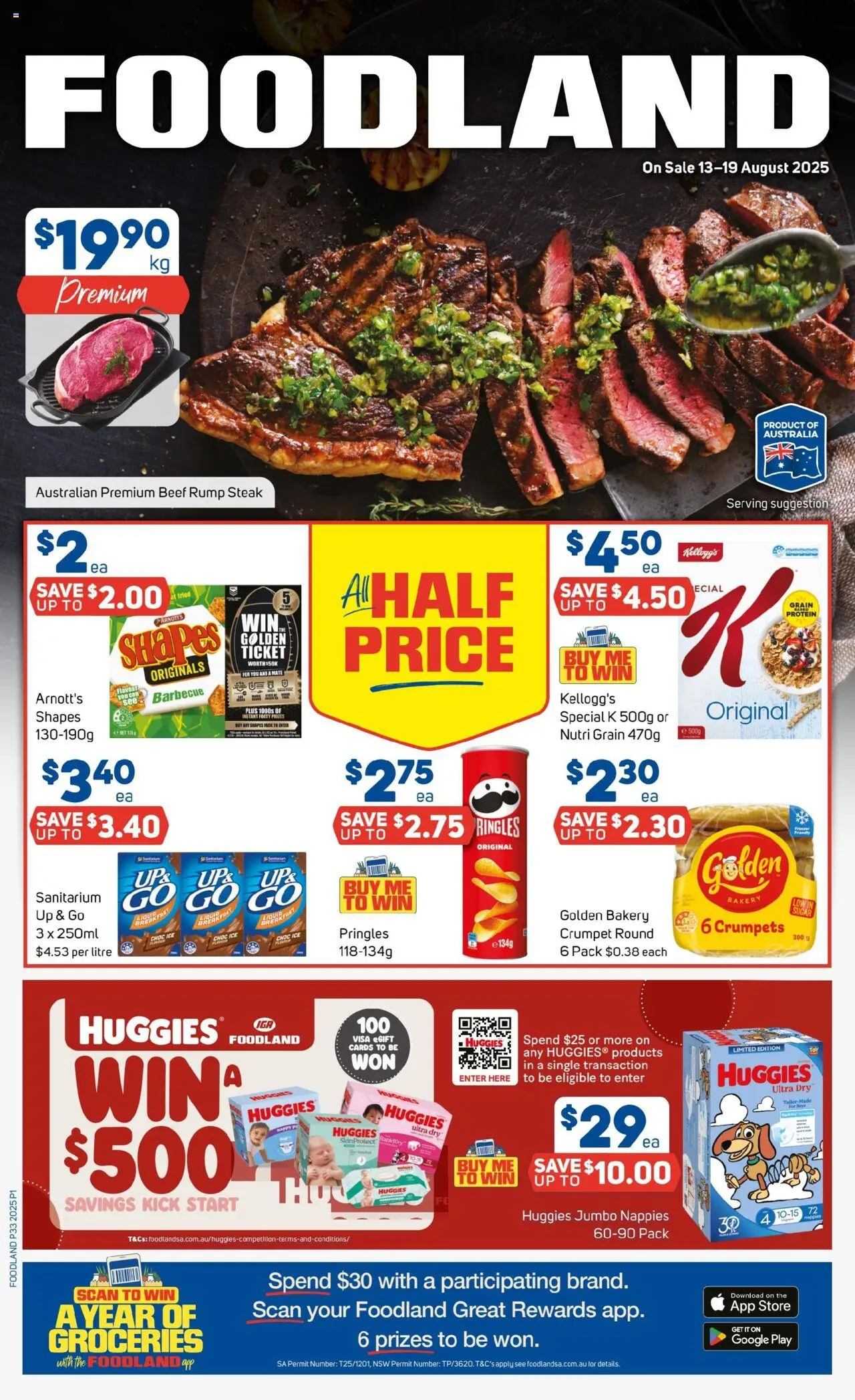 Foodland catalogue - valid from 13.08.2025 | Page: 1 | Products: Crumpets, Beef, Nappies, Steak