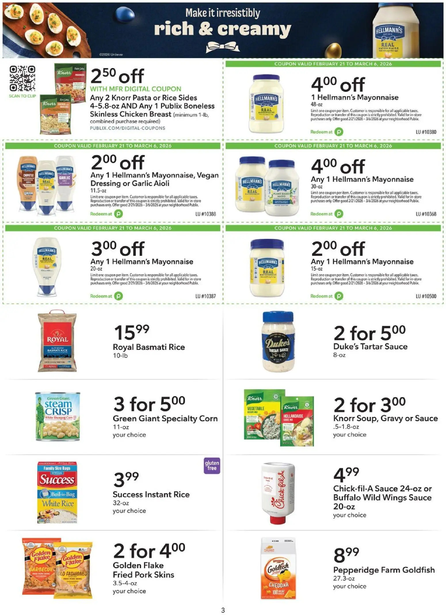 Publix Extra Savings - valid from 21.02.2026 | Page: 3 | Products: Corn, Pasta, Mayonnaise, Sauce