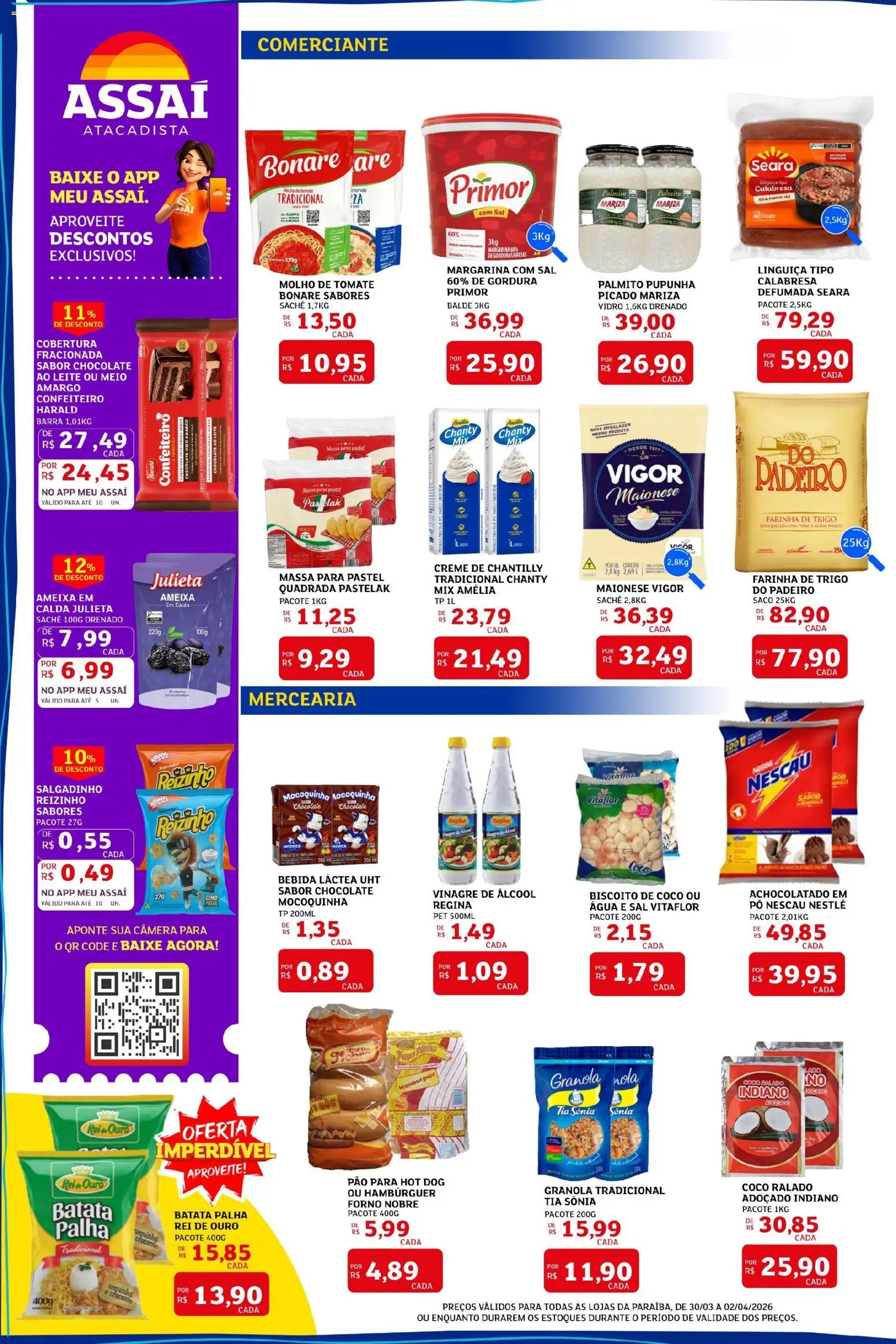 Assaí Atacadista Folheto - válido de 30.03.2026 | Página: 2 | Produtos: Maionese vigor, Massa, Hambúrguer, Ameixa