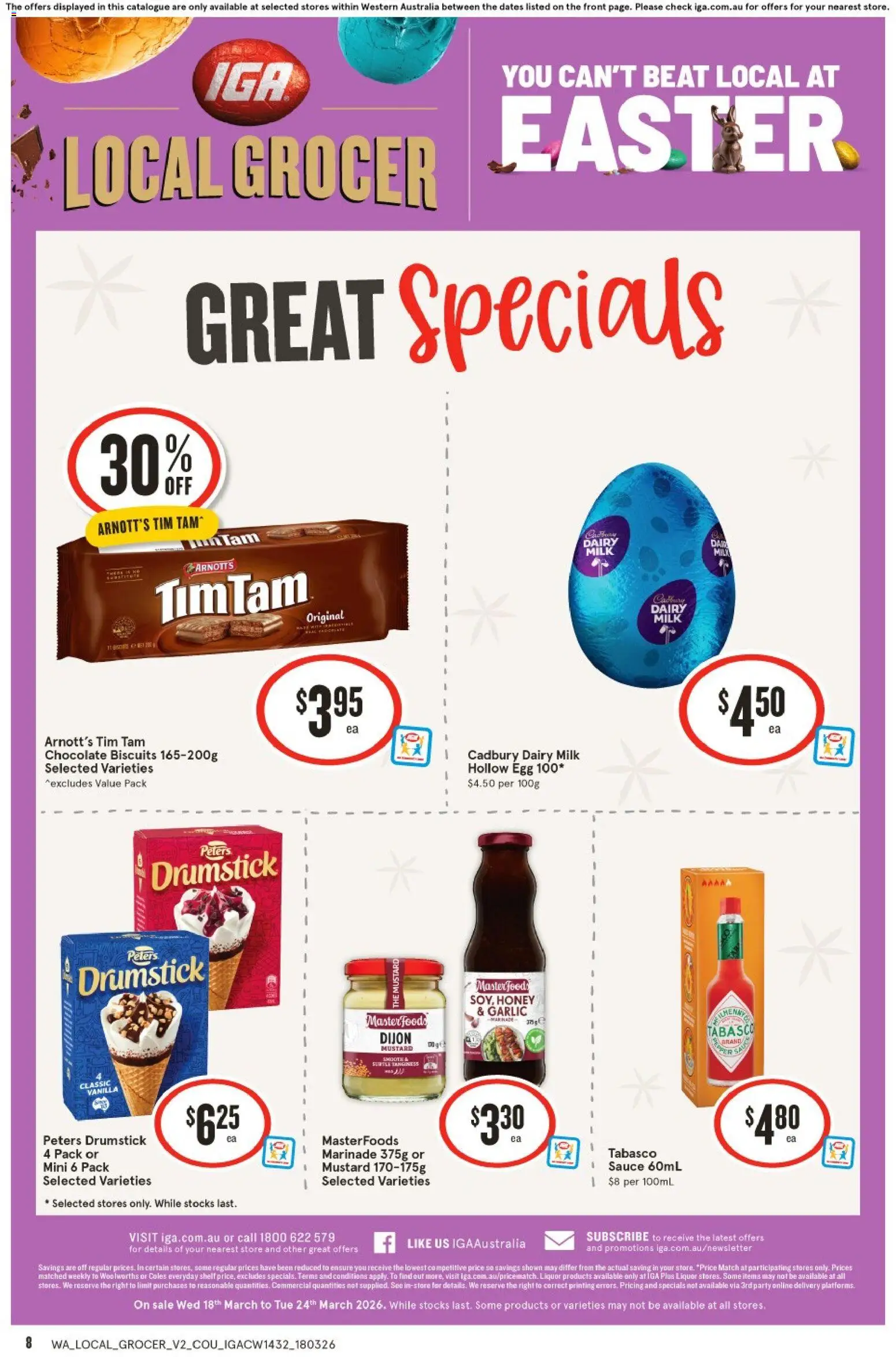 IGA catalogue - valid from 18.03.2026 | Page: 8 | Products: Milk, Chocolate, Honey, Sauce