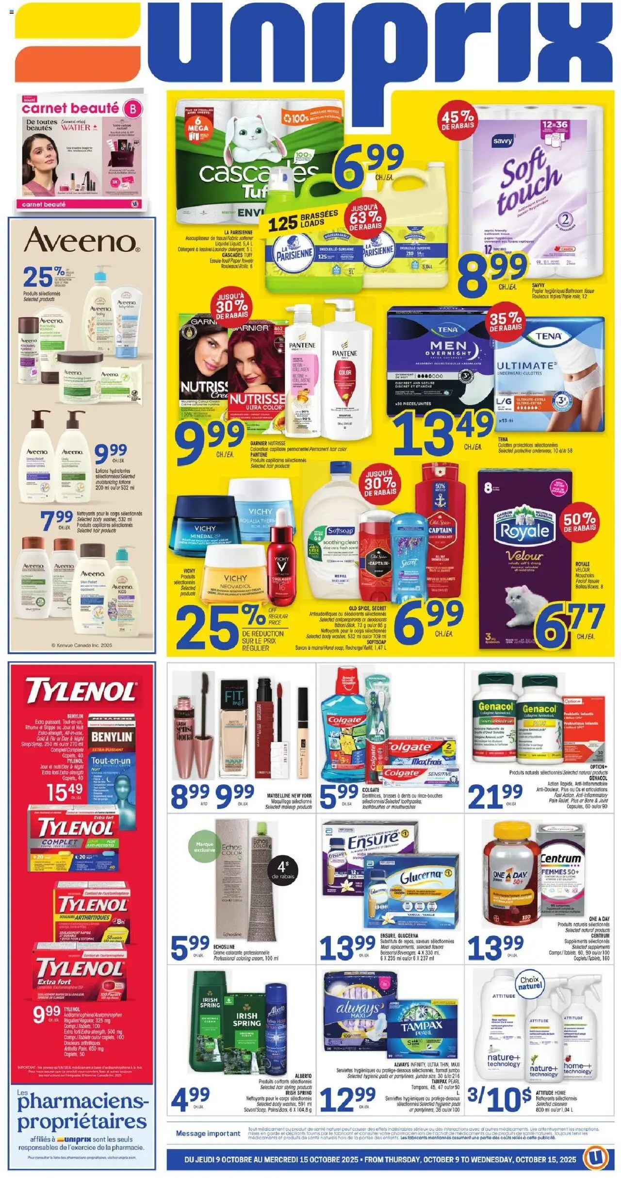 Uniprix flyer valid from 09.10.2025 | Page: 1 | Products: Cream, Hair color, Fabric softener, Detergent