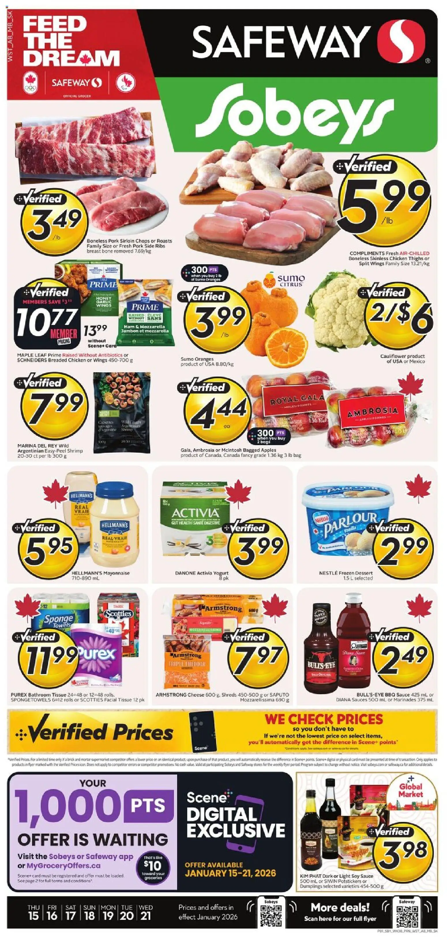 Sobeys flyer valid from 15.01.2026 | Page: 1 | Products: Bag, Sponge, Chicken, Oranges