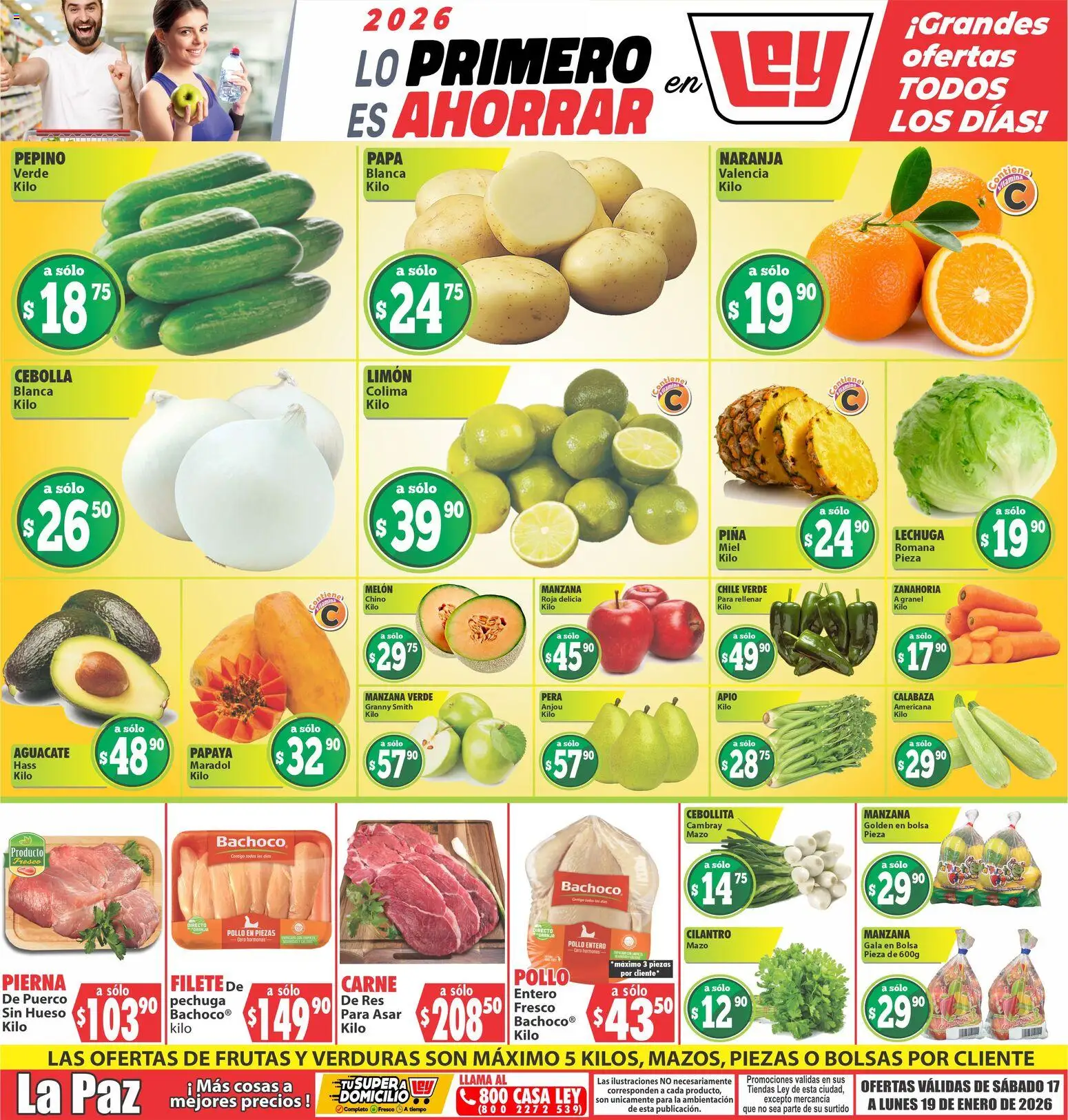 Nuevas ofertas de Casa Ley válidas en toda la República Mexicana desde el 17.01.2026. ¡Encuentra las mejores ofertas en Casa Ley folleto Las ofertas de frutas y verduras La Paz! | Página: 1 | Productos: Cebolla, Melón, Limón, Lechuga