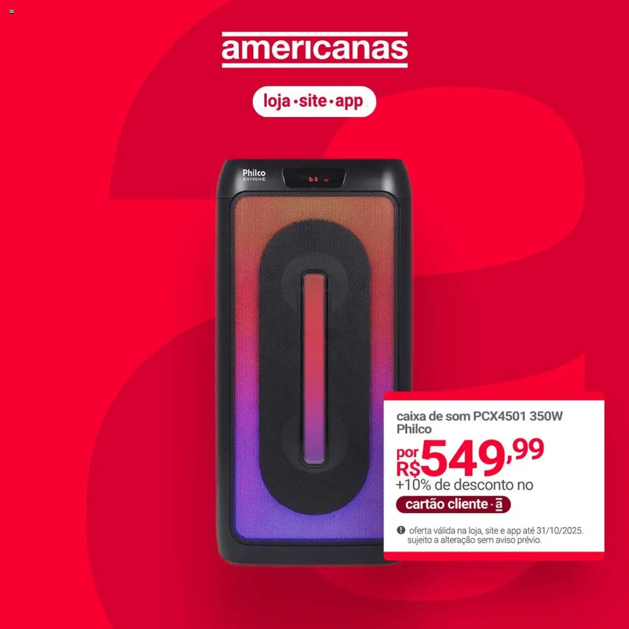 Lojas Americanas Folheto - válido de 14.10.2025 | Página: 1 | Produtos: Caixa de som, Caixa
